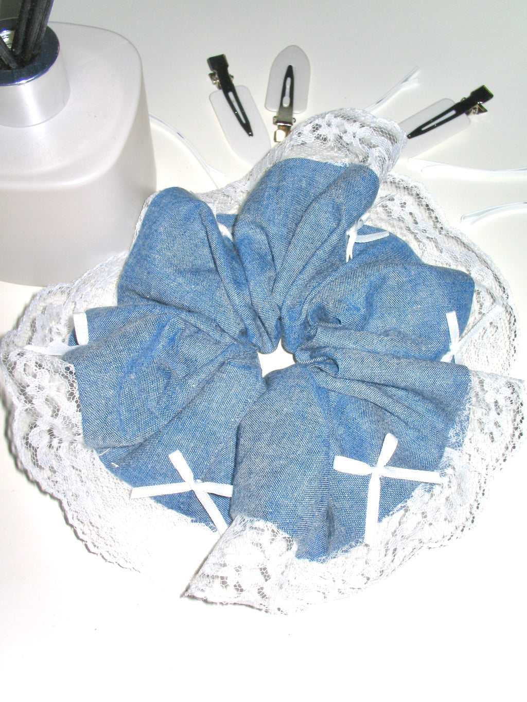 Soft Denim Lace Bow Scrunchie