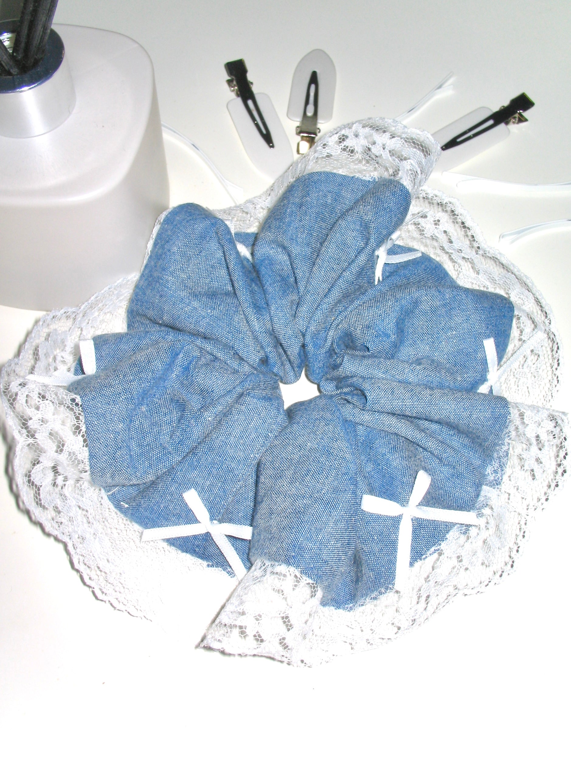 Soft Denim Lace Bow Scrunchie