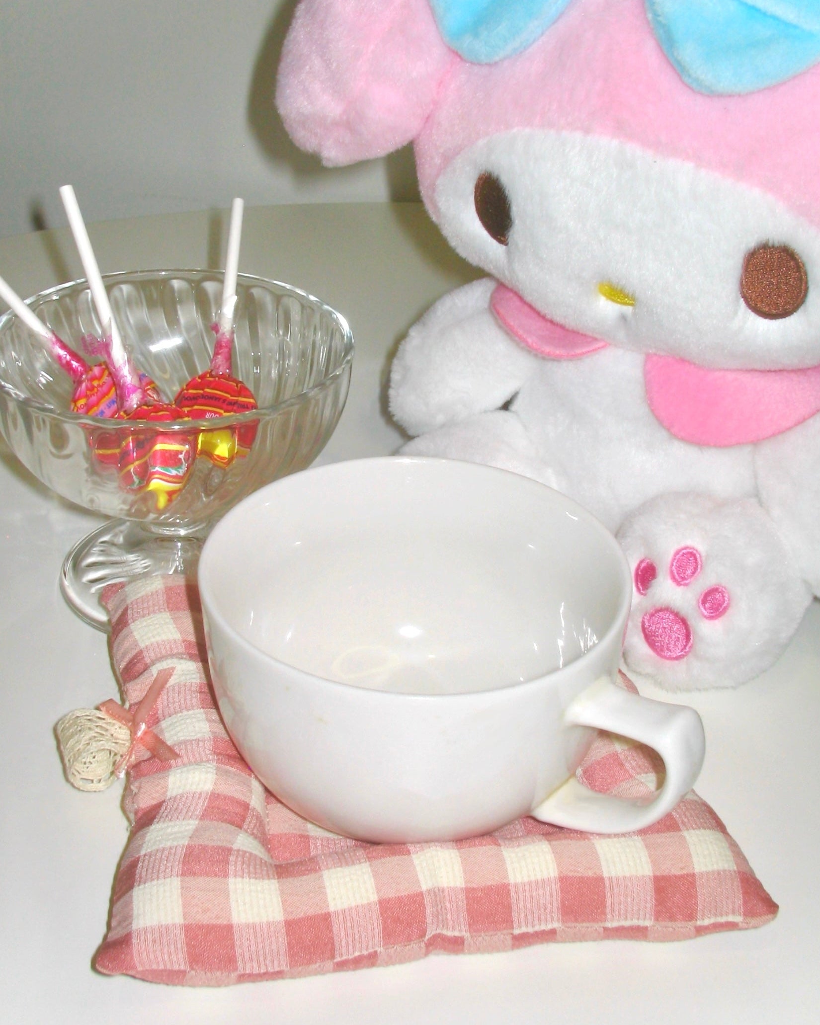 Beige Pink Gingham Lace Bow Coaster