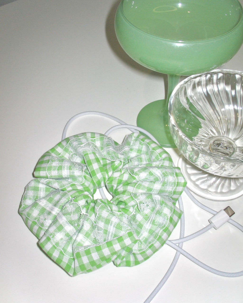Green Gingham Lace Scrunchie