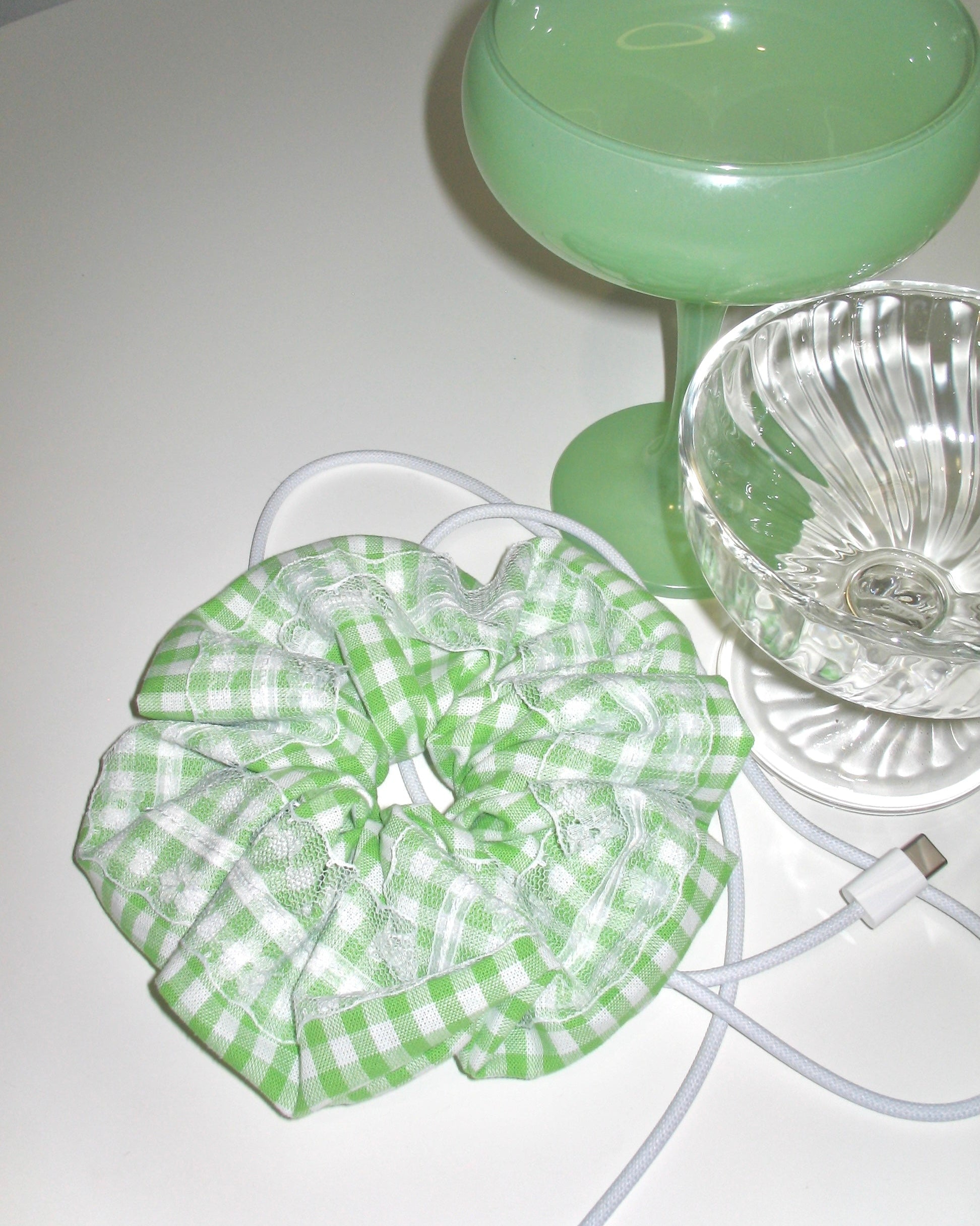 Green Gingham Lace Scrunchie