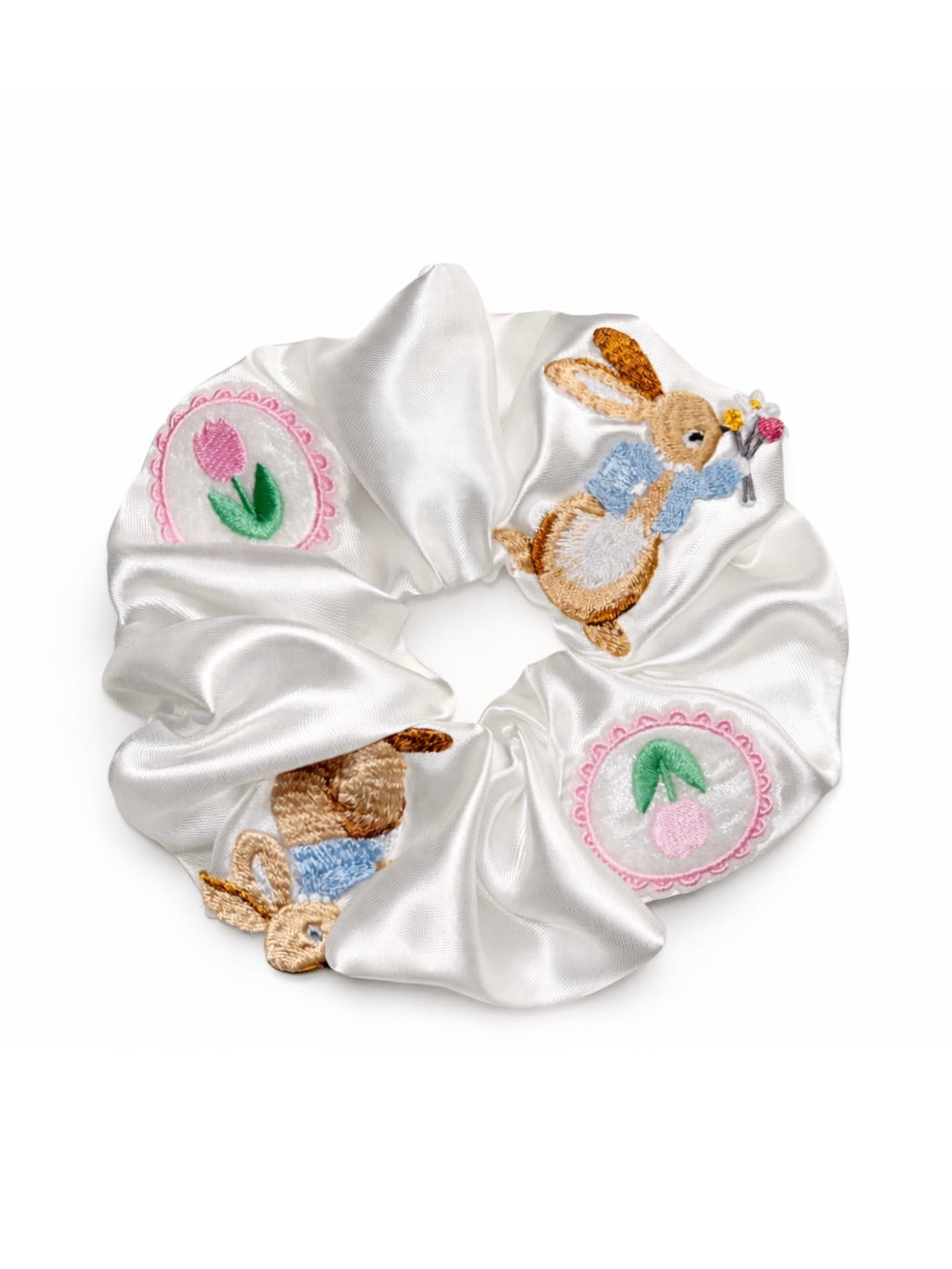 Embroidered Bunny Satin Scrunchie