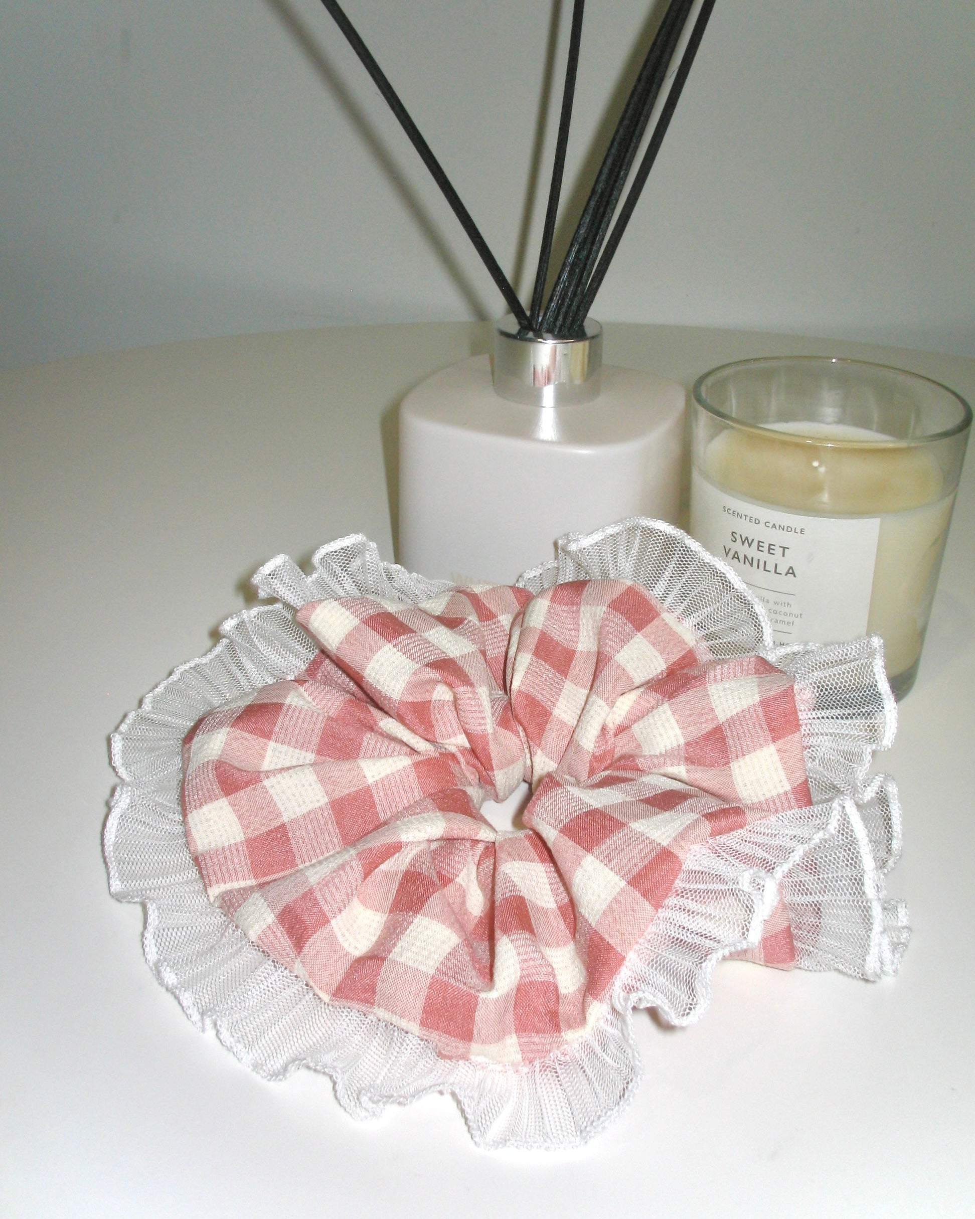Beige Pink Gingham Lace Scrunchie