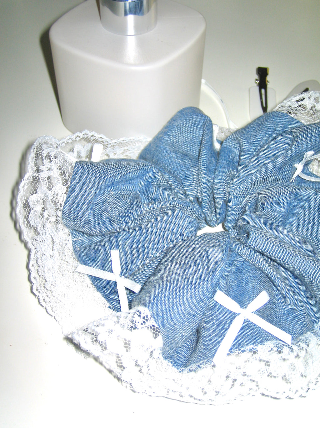 Soft Denim Lace Bow Scrunchie