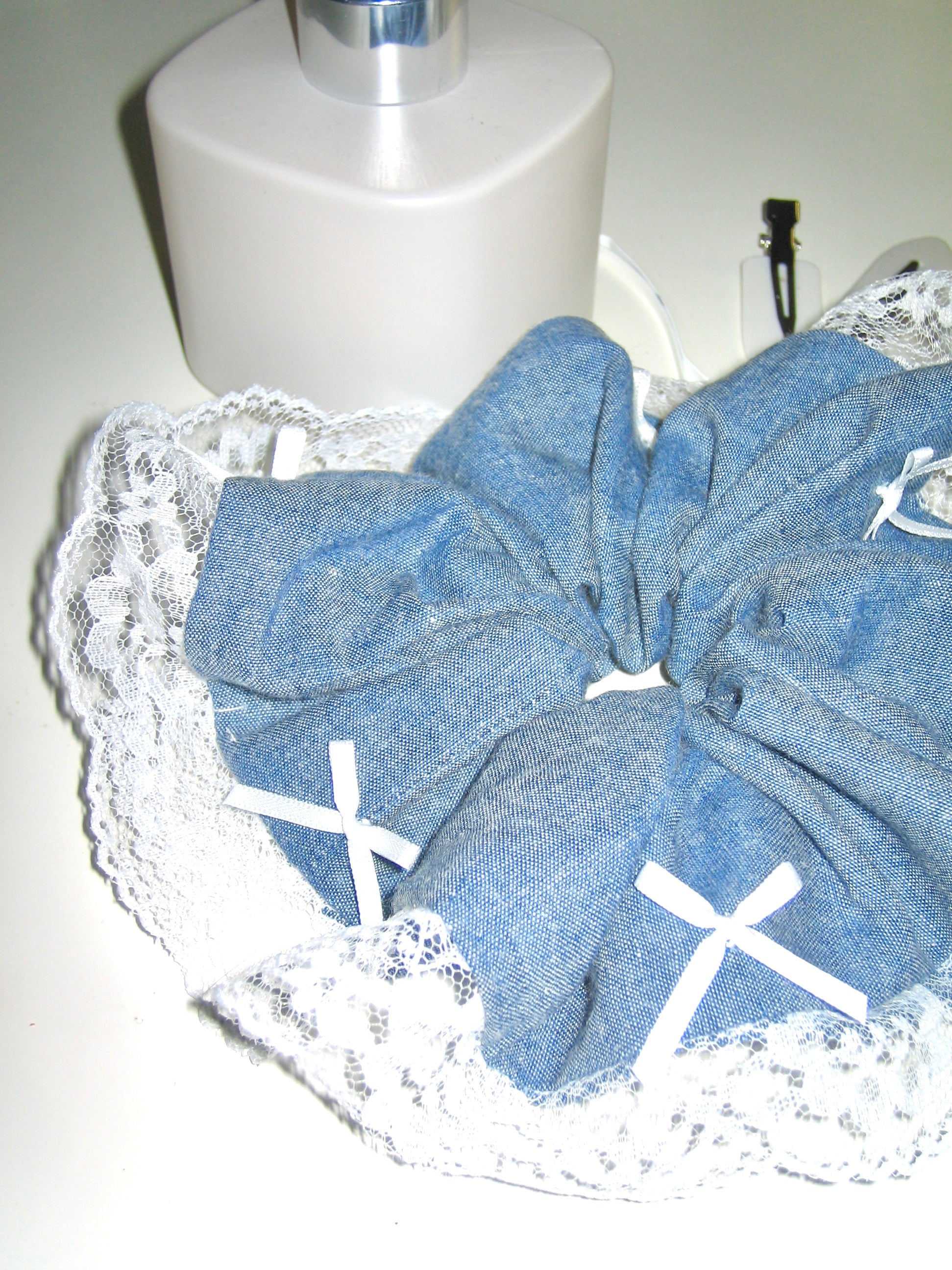 Soft Denim Lace Bow Scrunchie