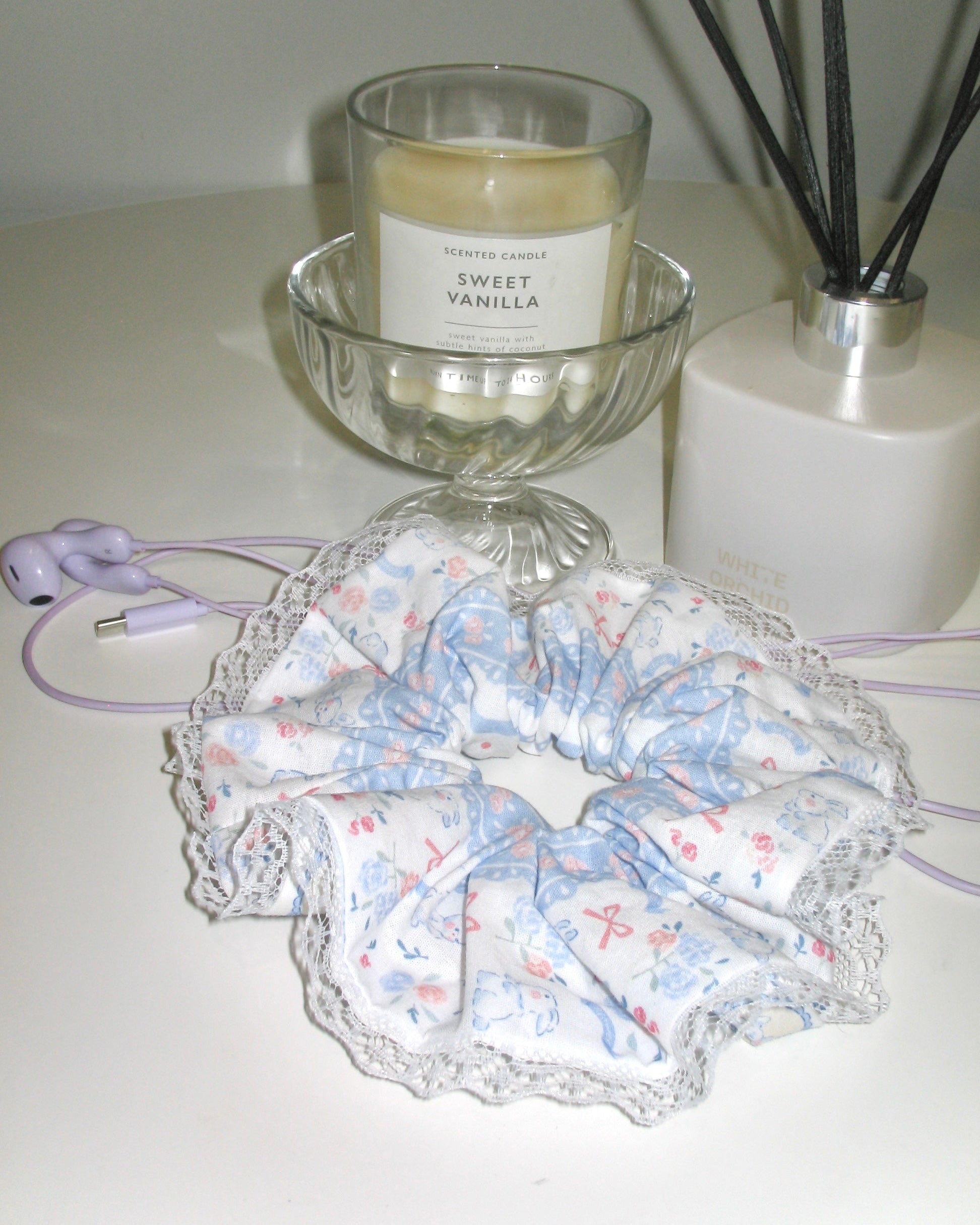 Blue Cottage Floral Lace Scrunchie