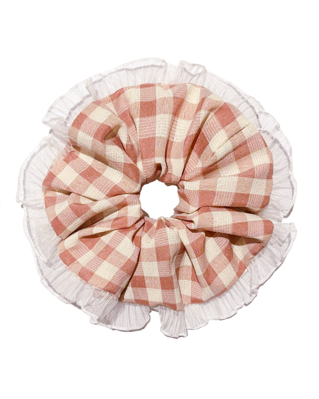 Beige Pink Gingham Lace Scrunchie