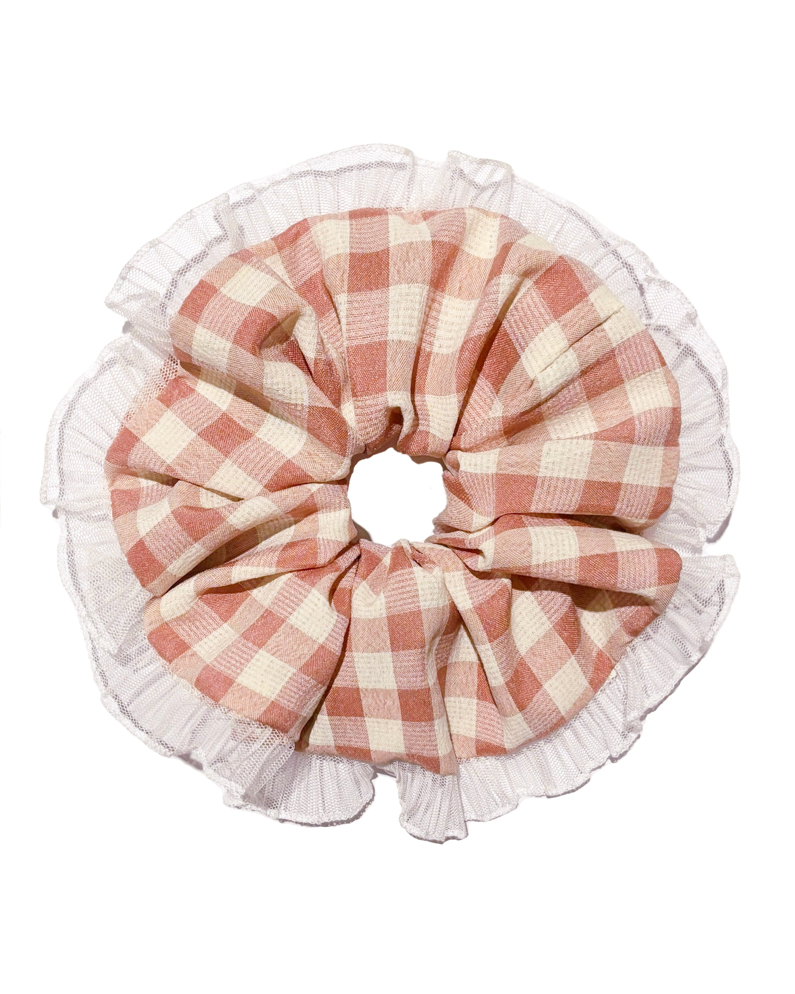 Beige Pink Gingham Lace Scrunchie
