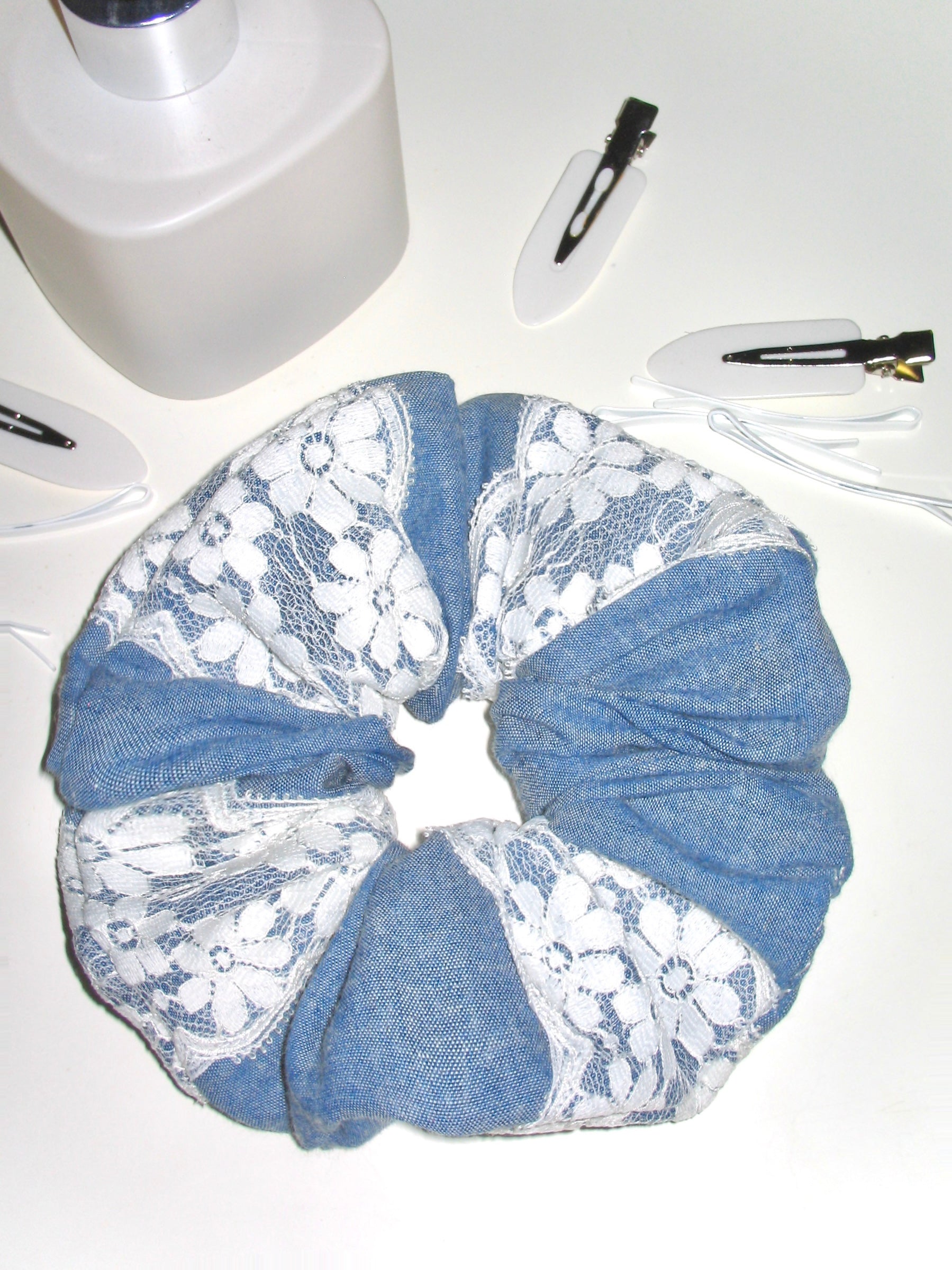 Floral Lace Denim Scrunchie