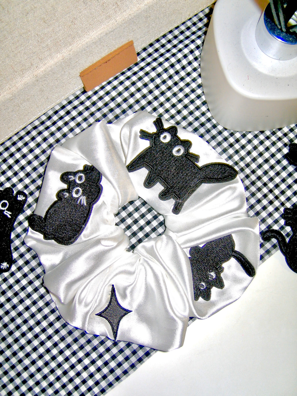 Satin Cat Embroidery Scrunchie
