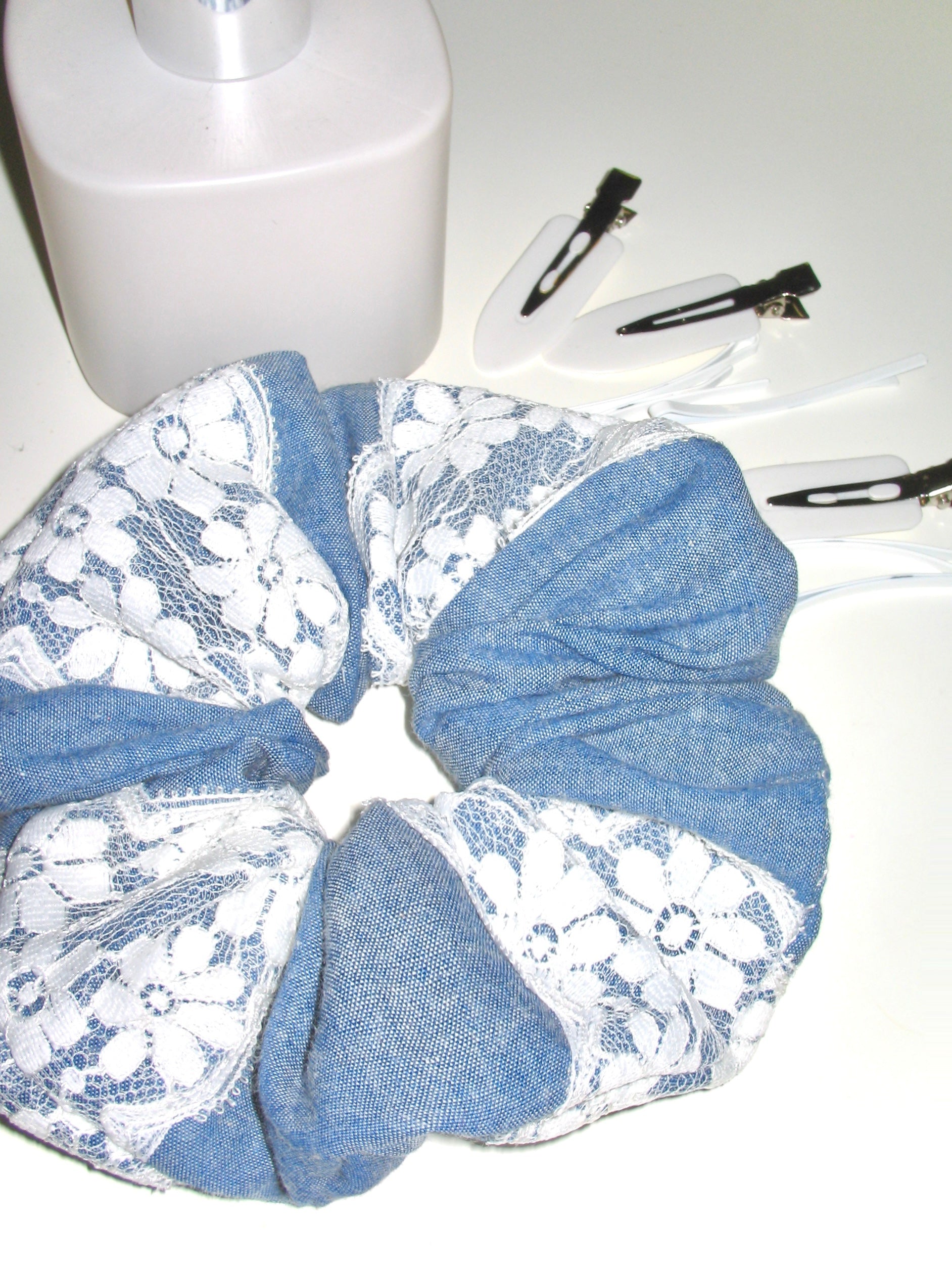 Floral Lace Denim Scrunchie
