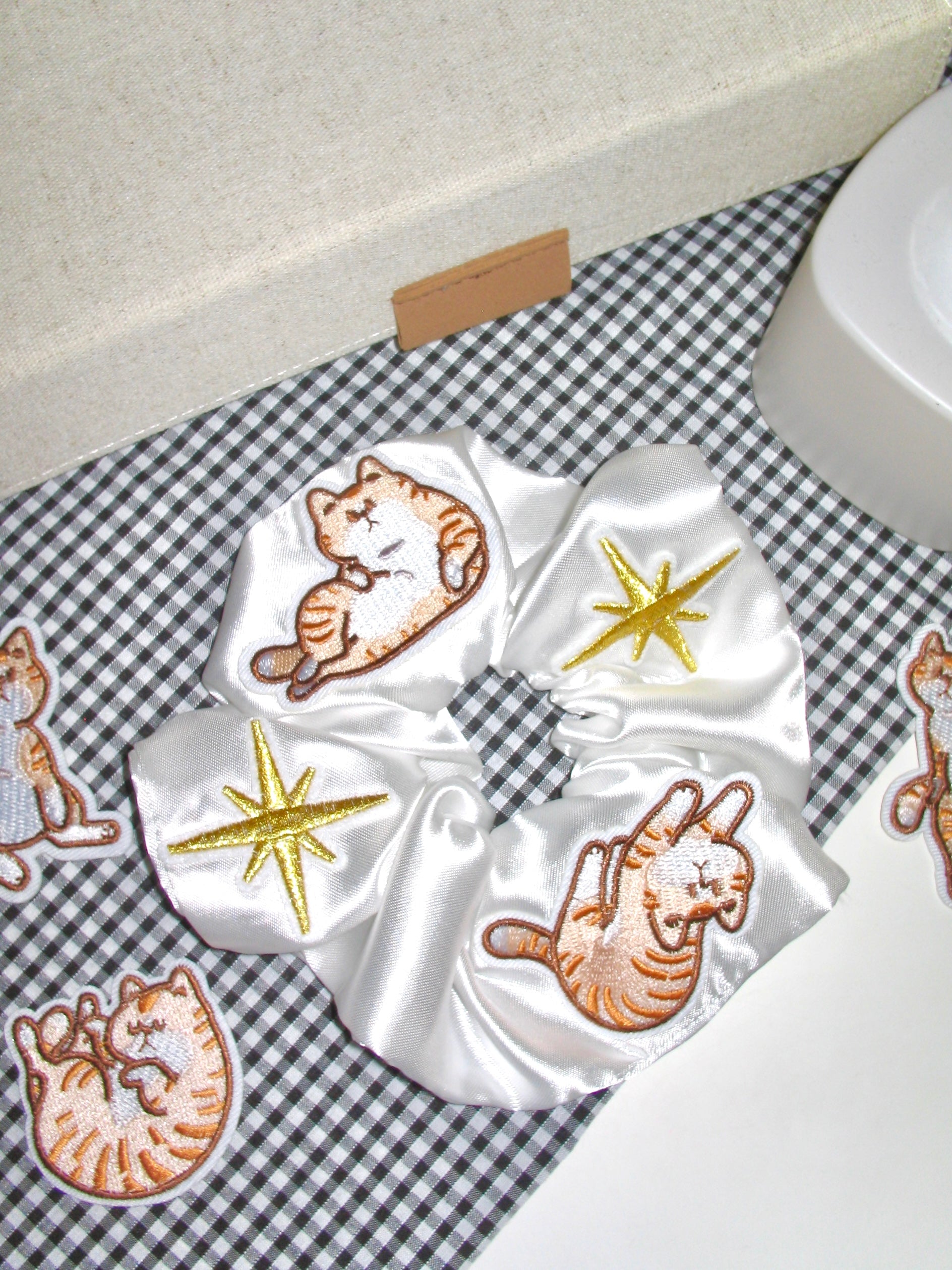 Embroidered Cat Satin Scrunchie