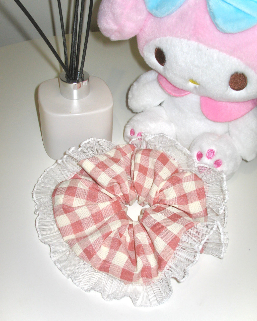 Beige Pink Gingham Lace Scrunchie