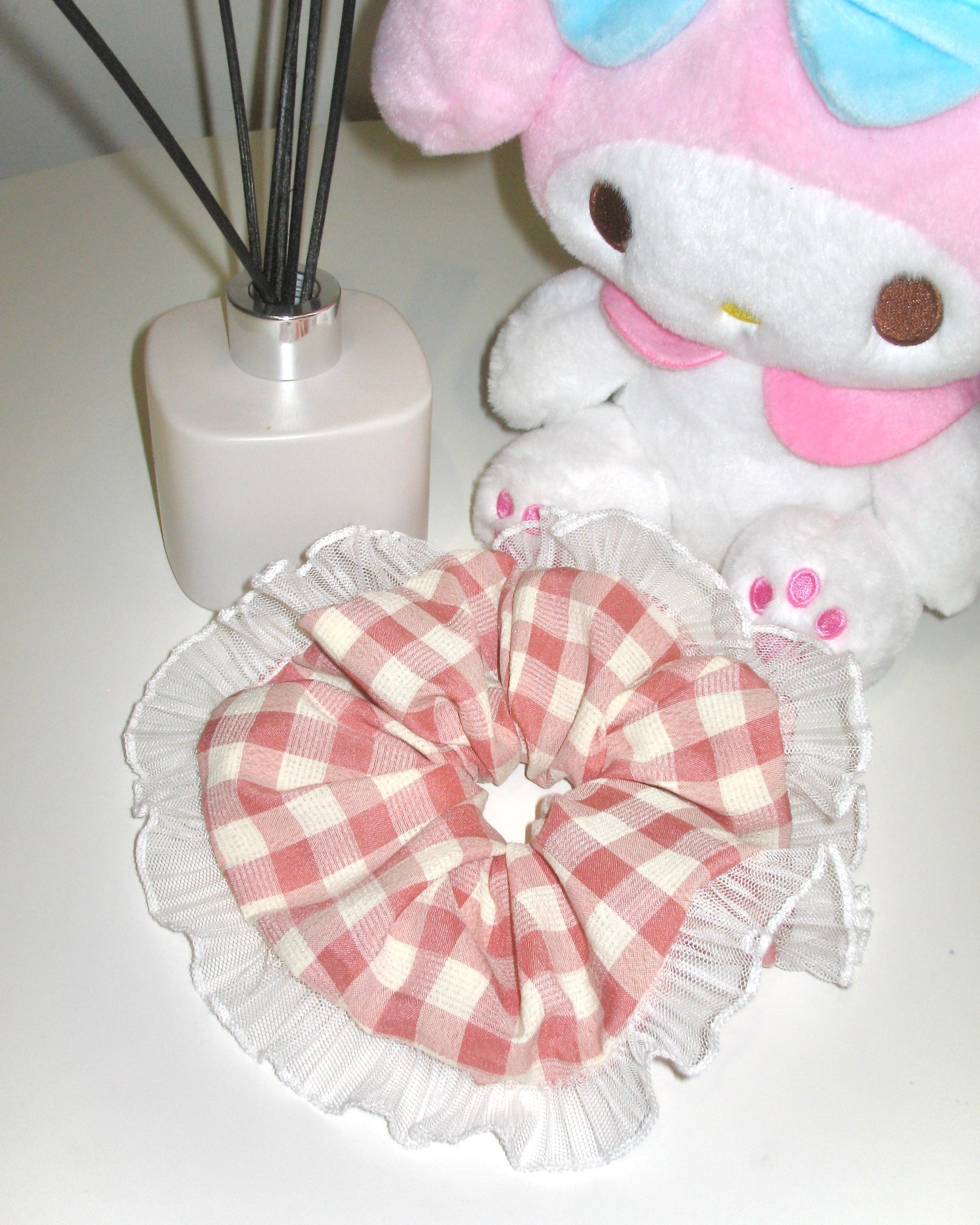 Beige Pink Gingham Lace Scrunchie