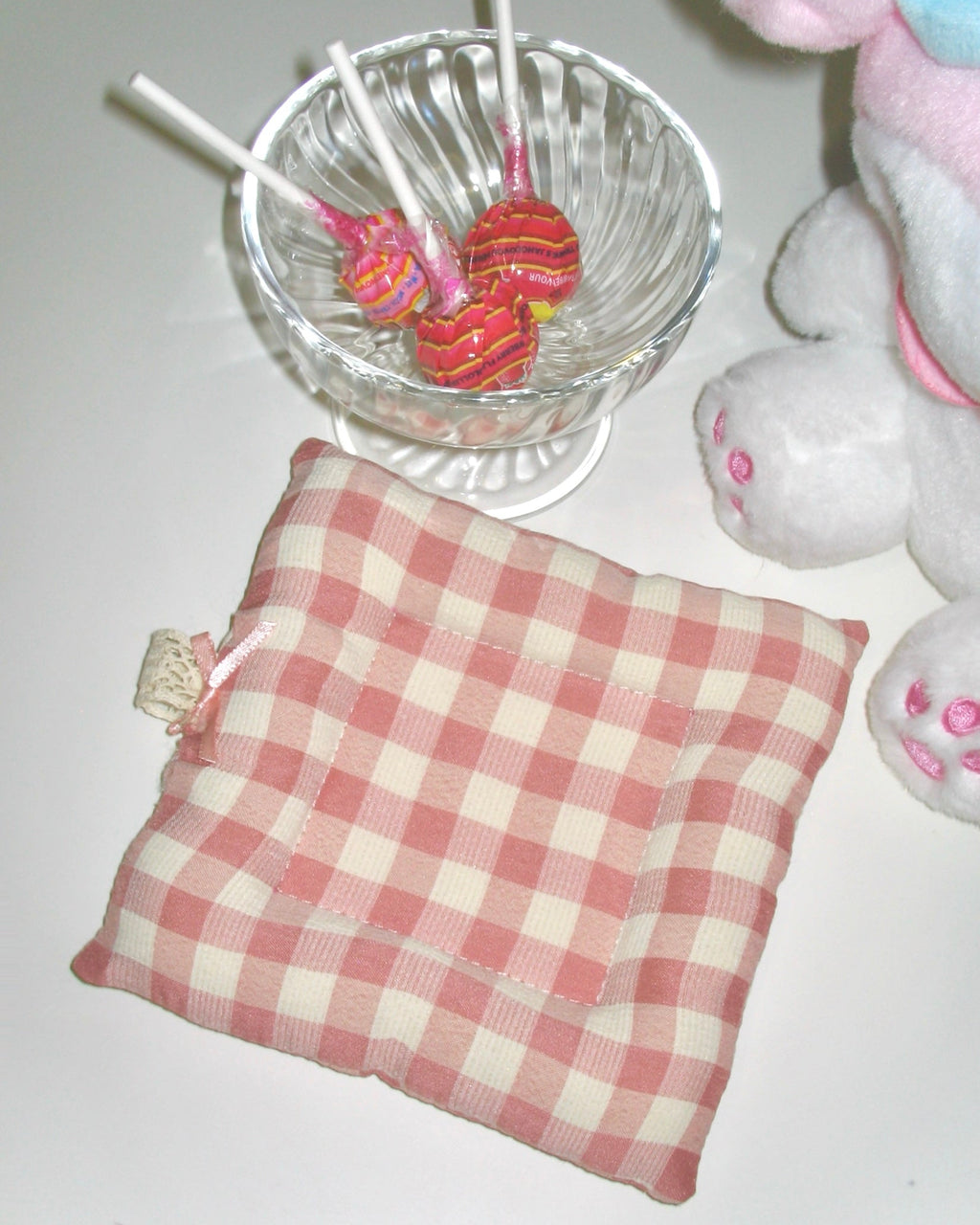 Beige Pink Gingham Lace Bow Coaster