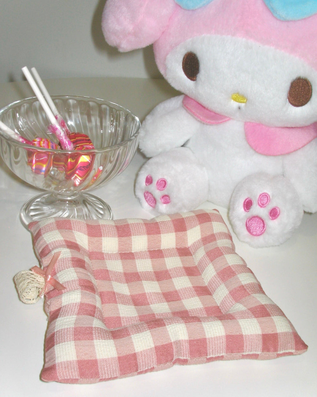 Beige Pink Gingham Lace Bow Coaster