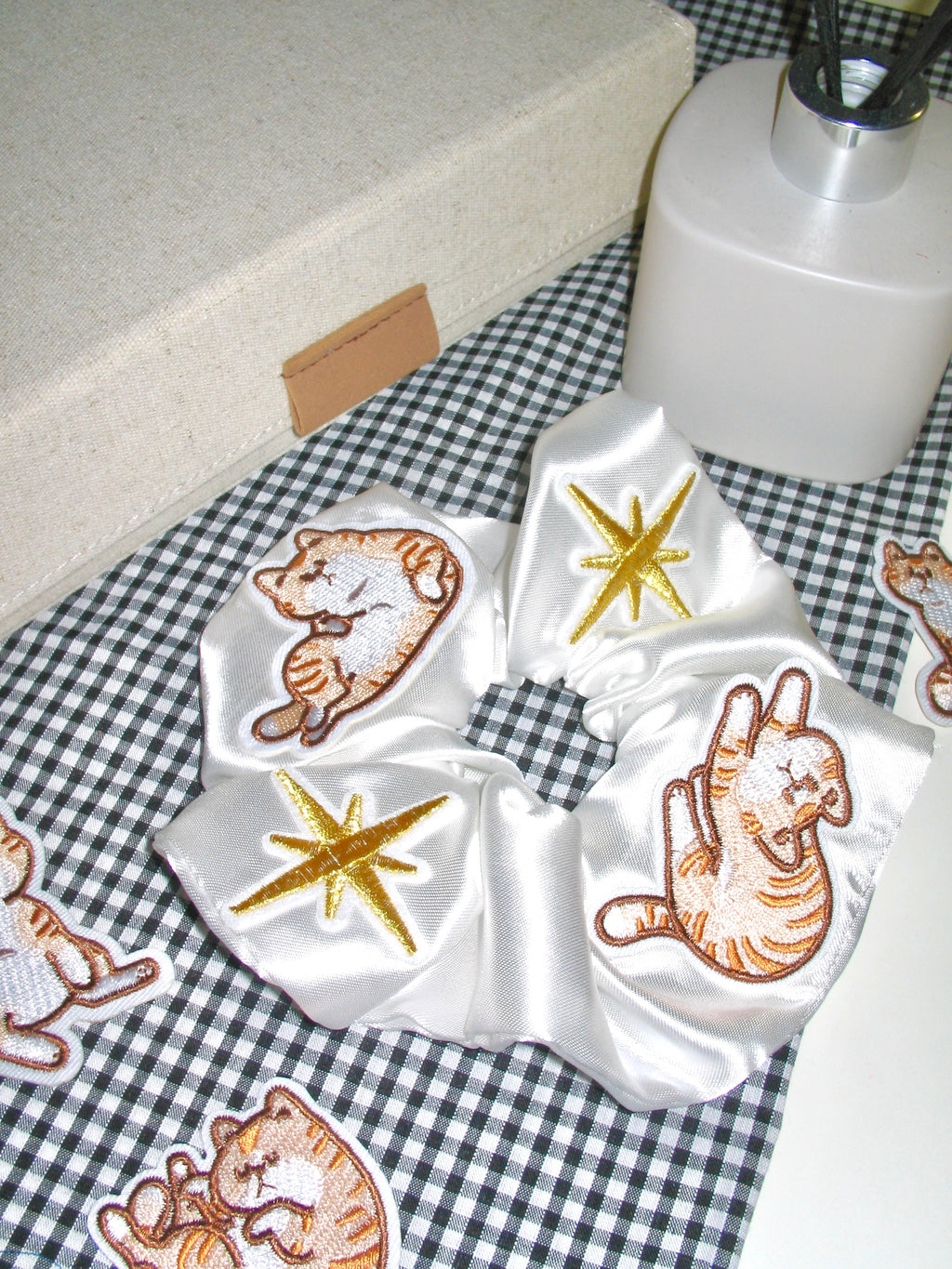 Embroidered Cat Satin Scrunchie