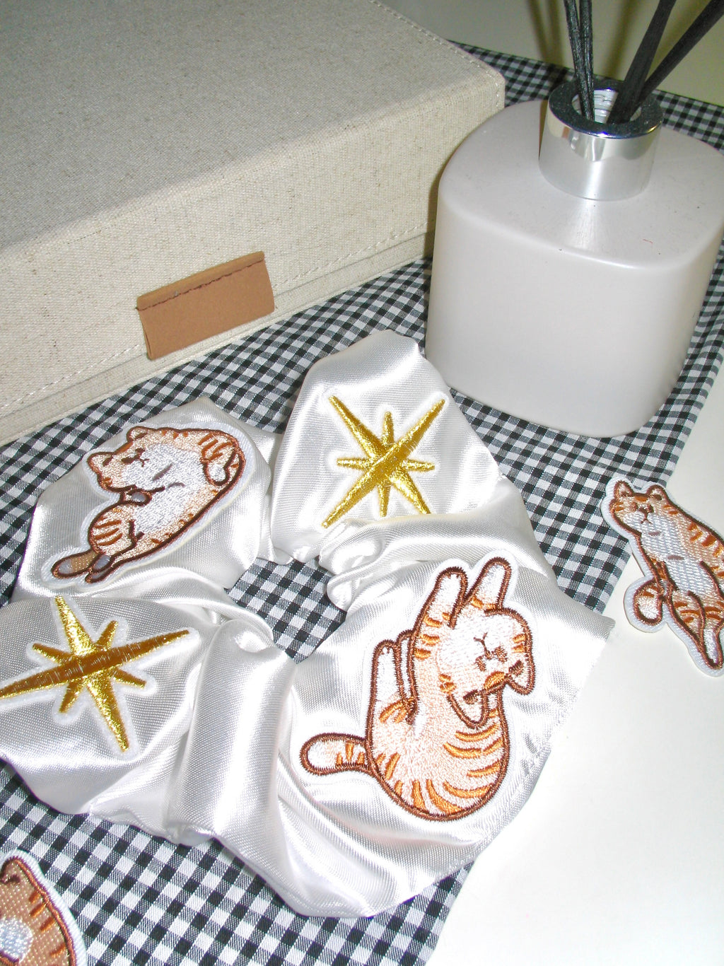 Embroidered Cat Satin Scrunchie