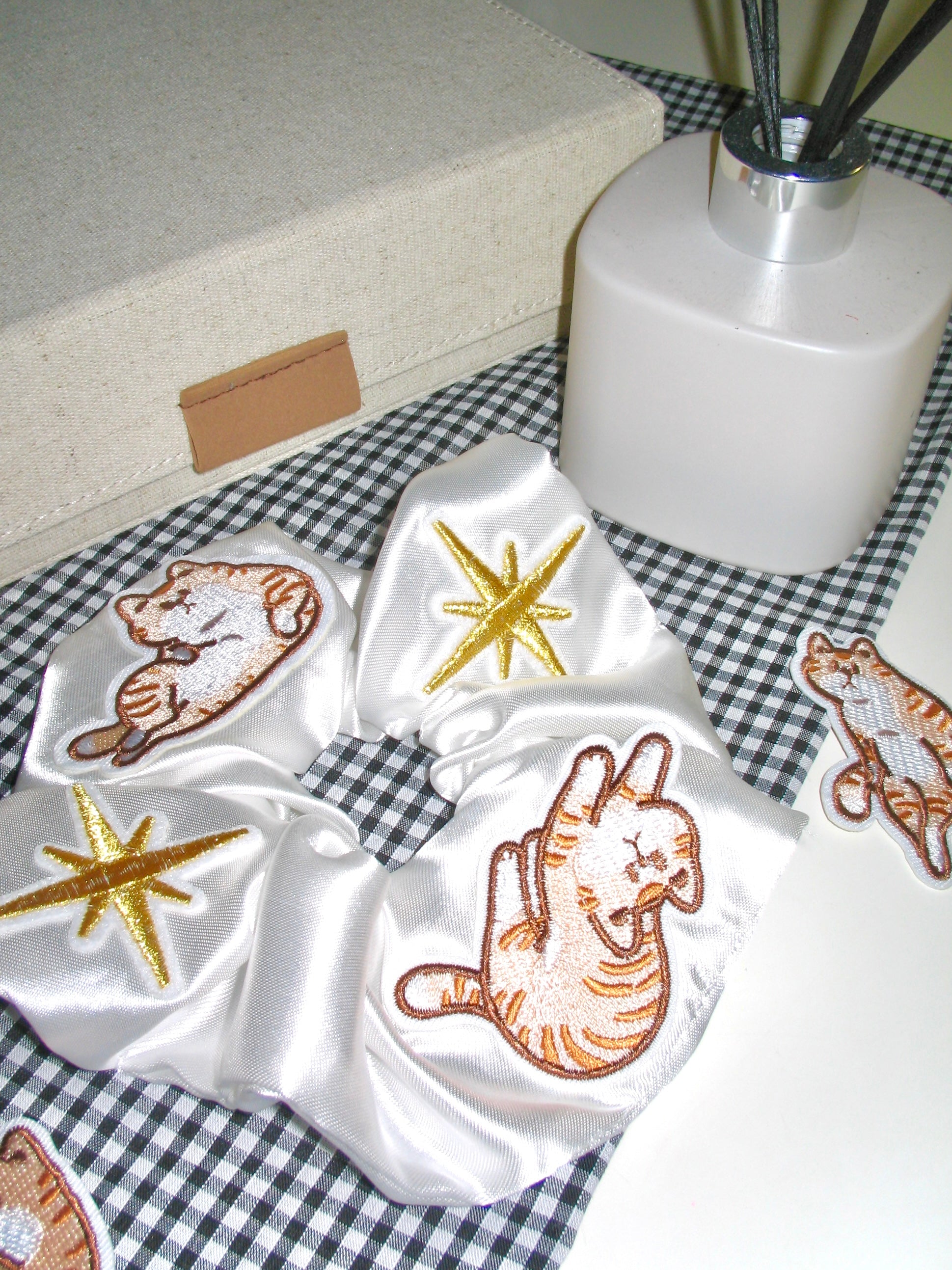 Embroidered Cat Satin Scrunchie