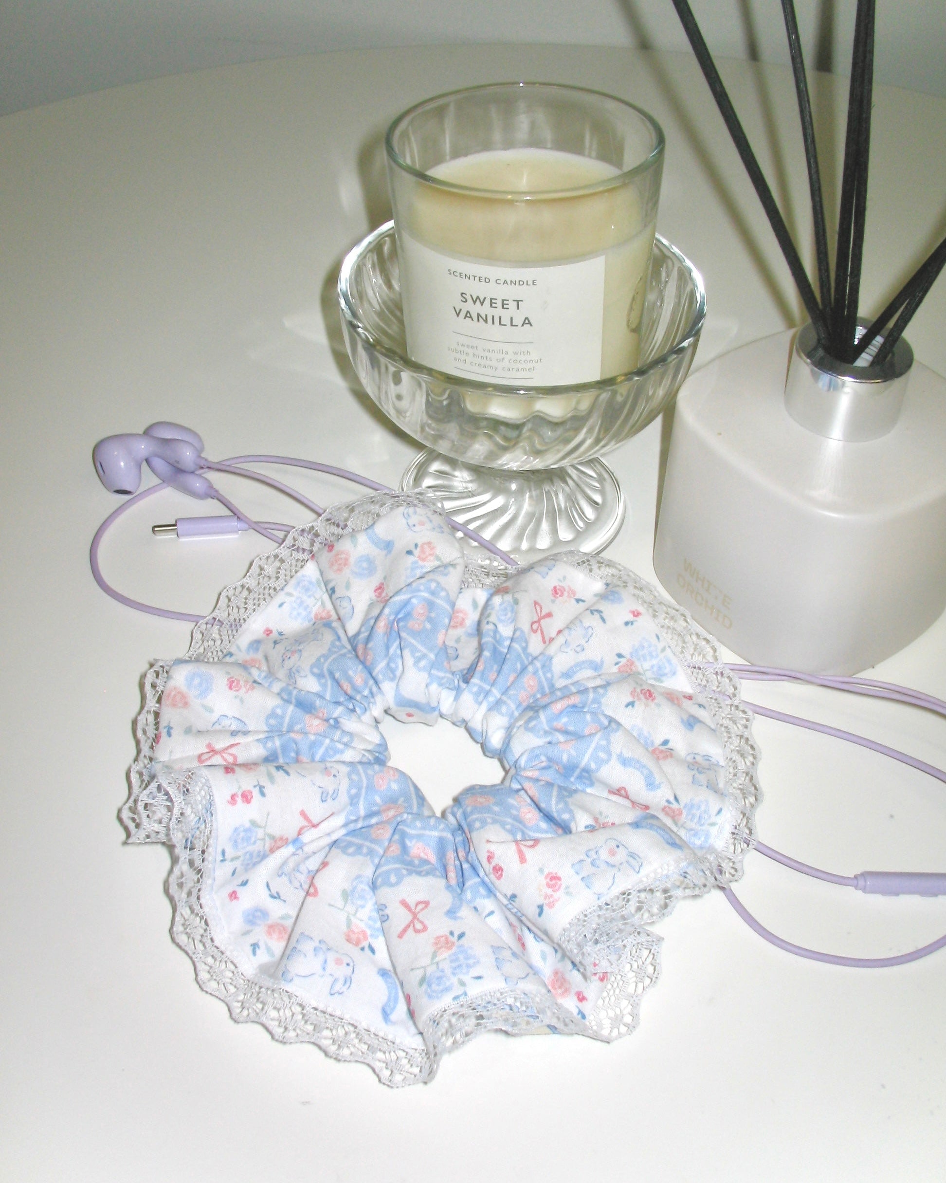 Blue Cottage Floral Lace Scrunchie