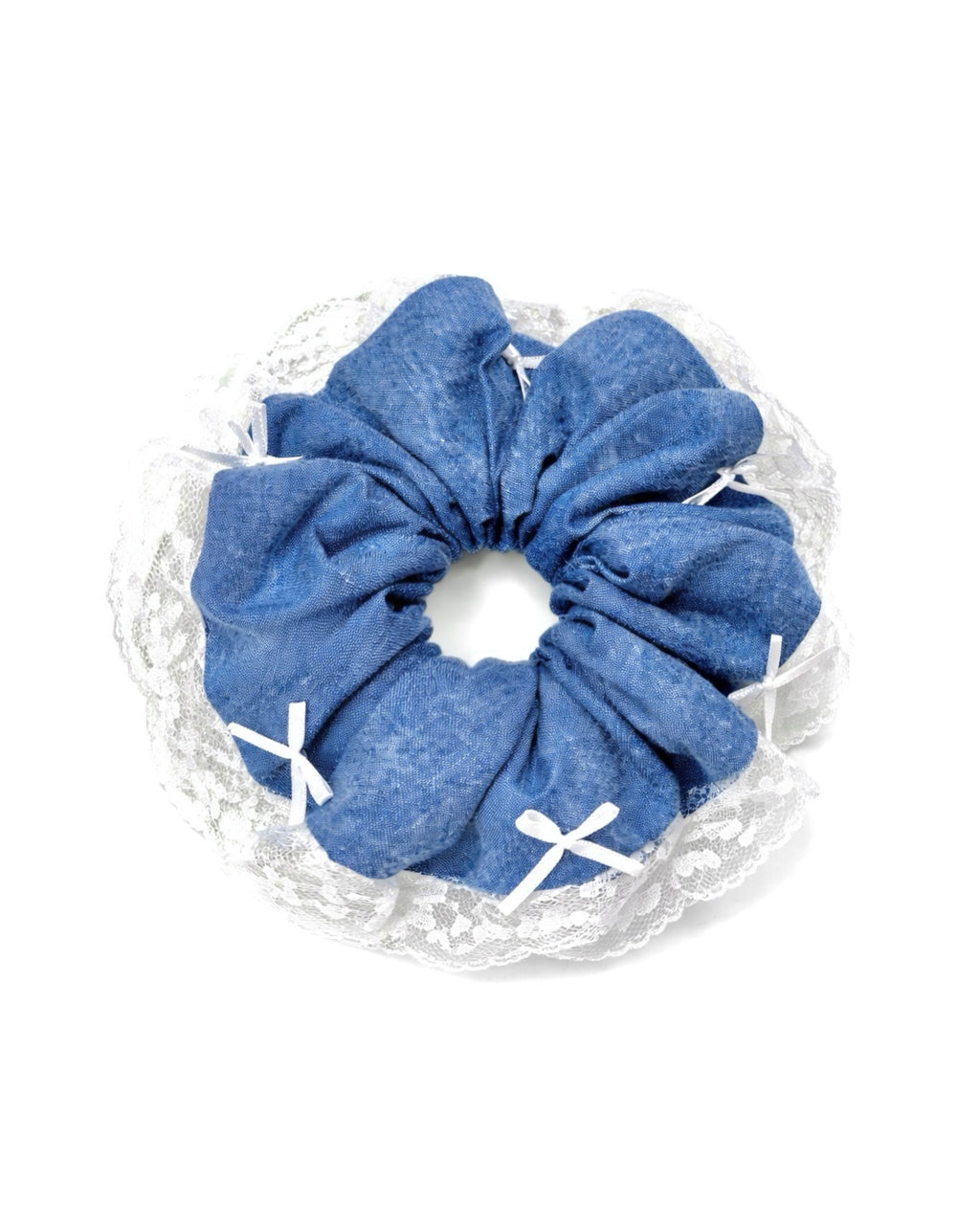 Soft Denim Lace Bow Scrunchie