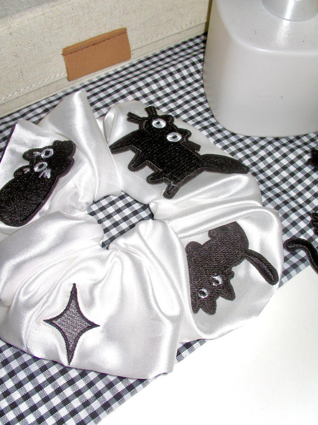 Satin Cat Embroidery Scrunchie