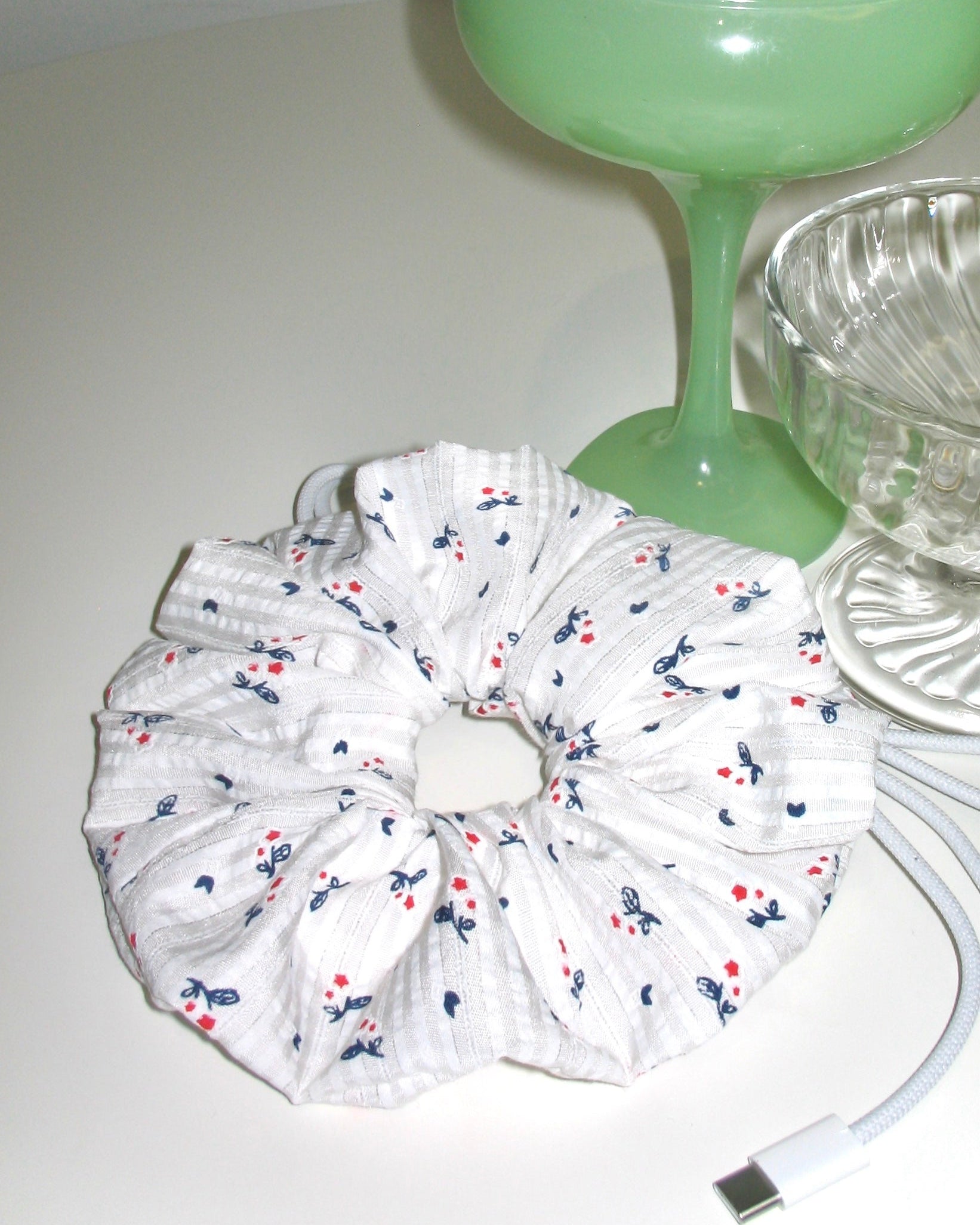 White Floral Print Scrunchie