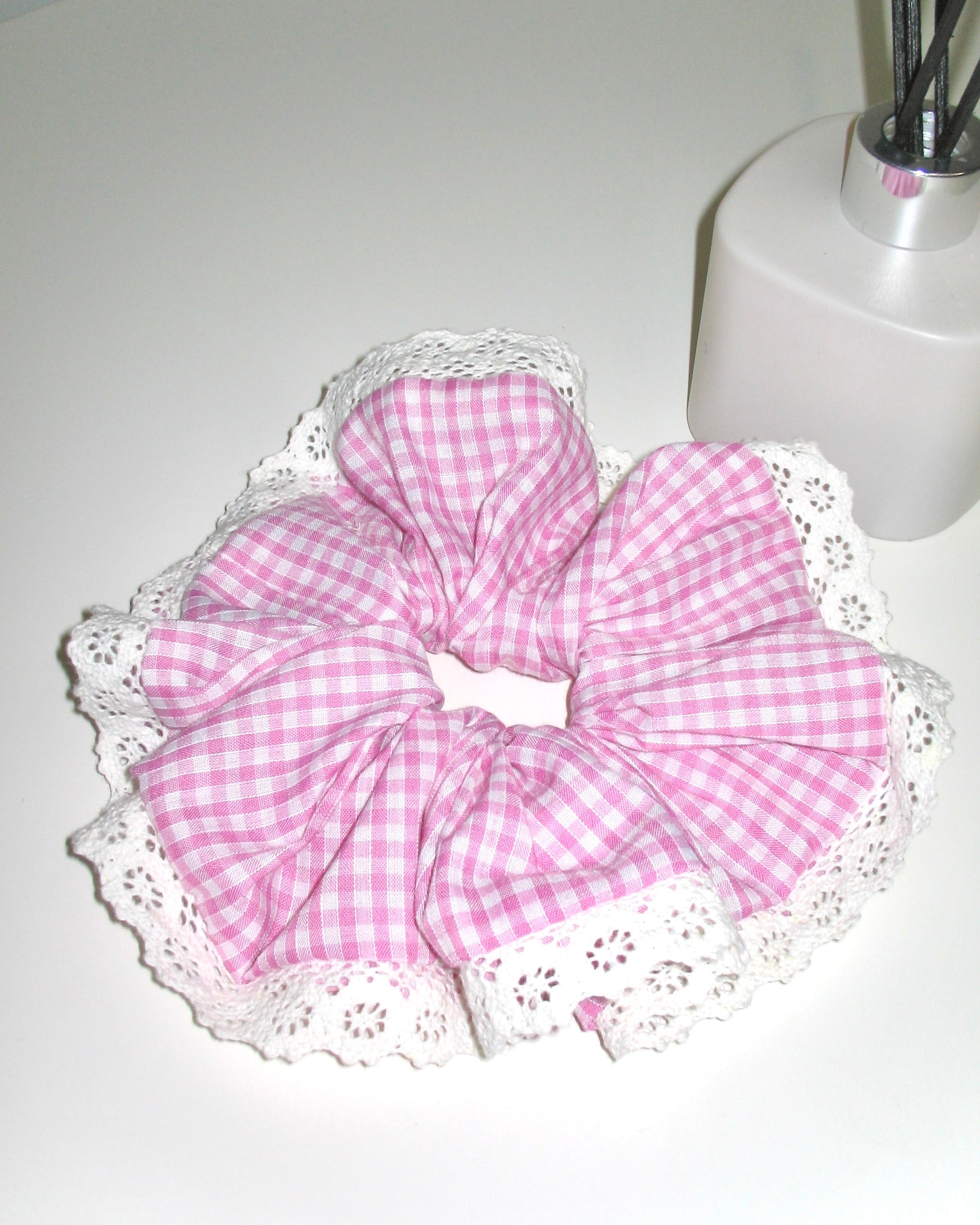 Pink Gingham Lace Scrunchie