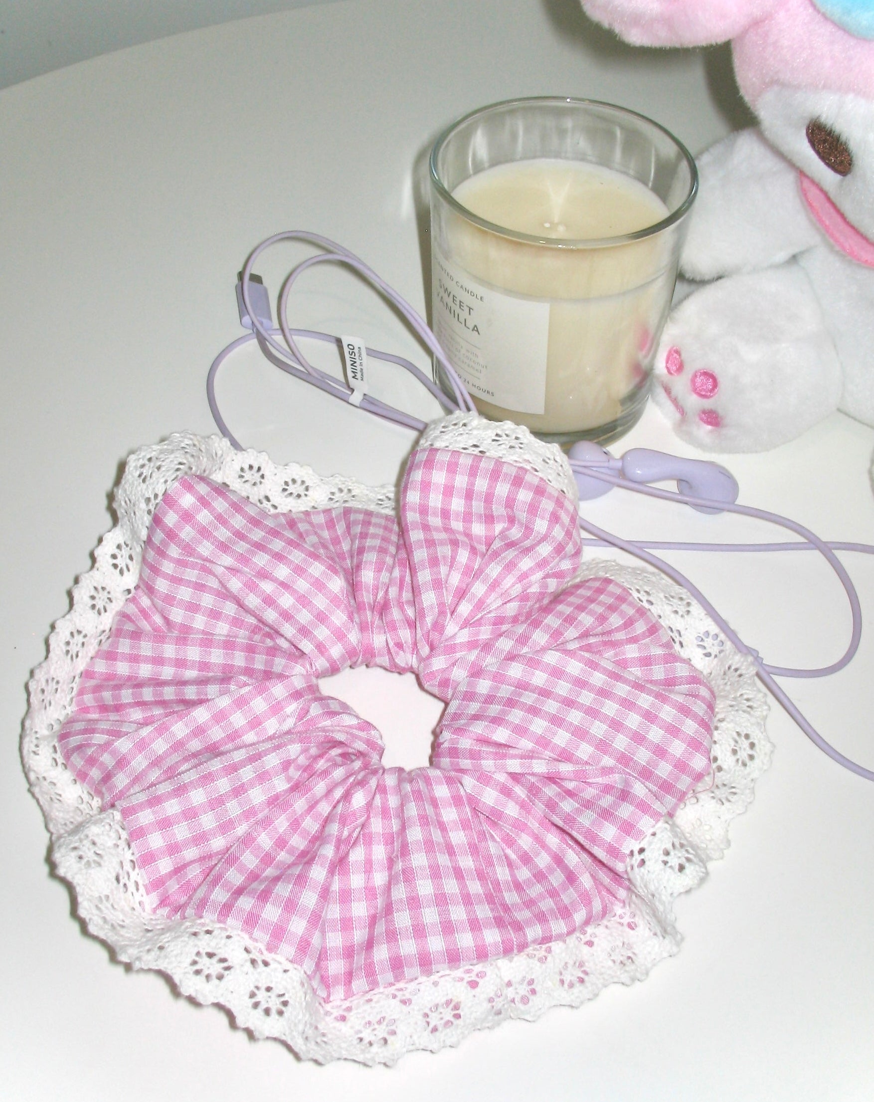 Pink Gingham Lace Scrunchie