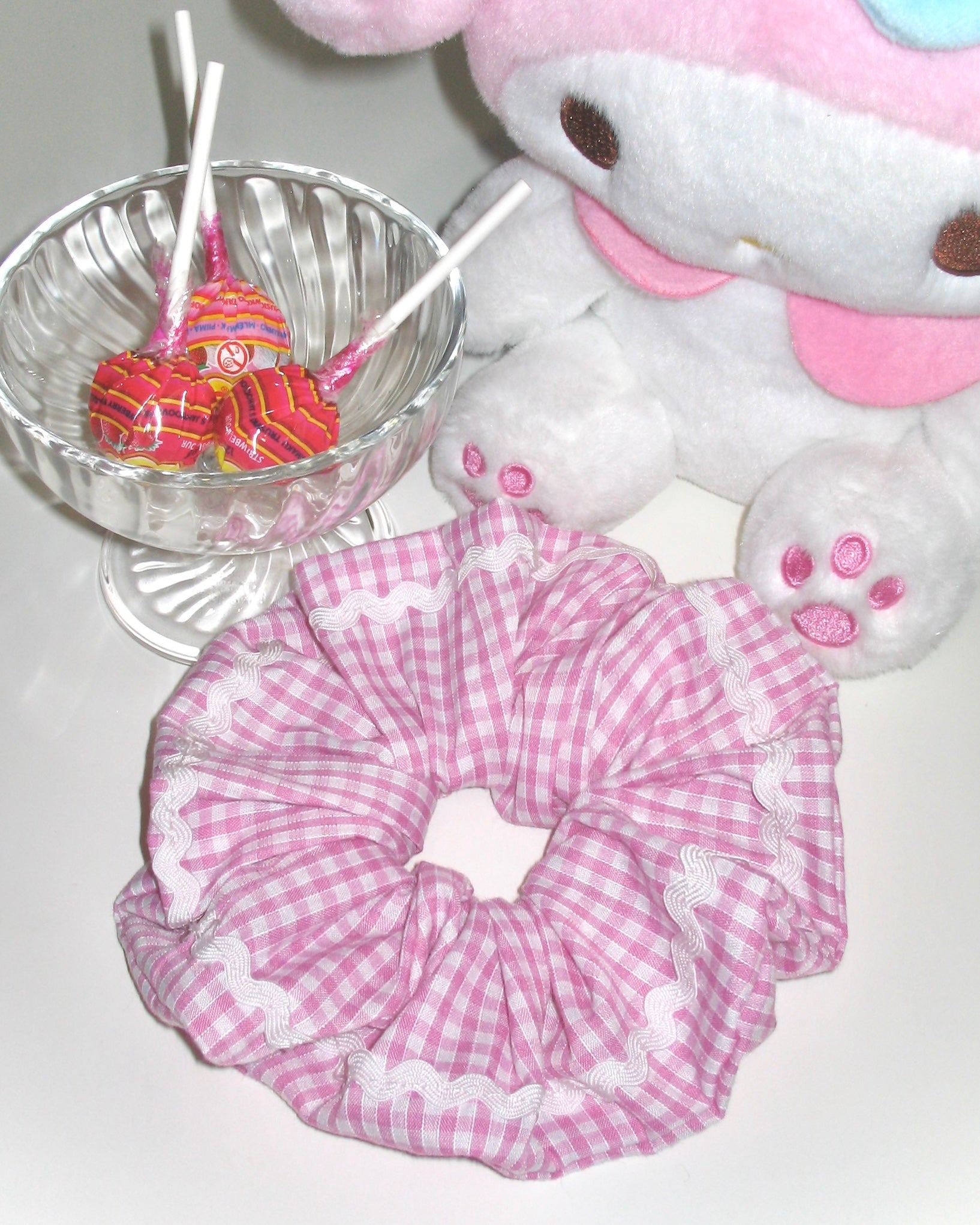 Pink Gingham Ric Rac Scrunchie