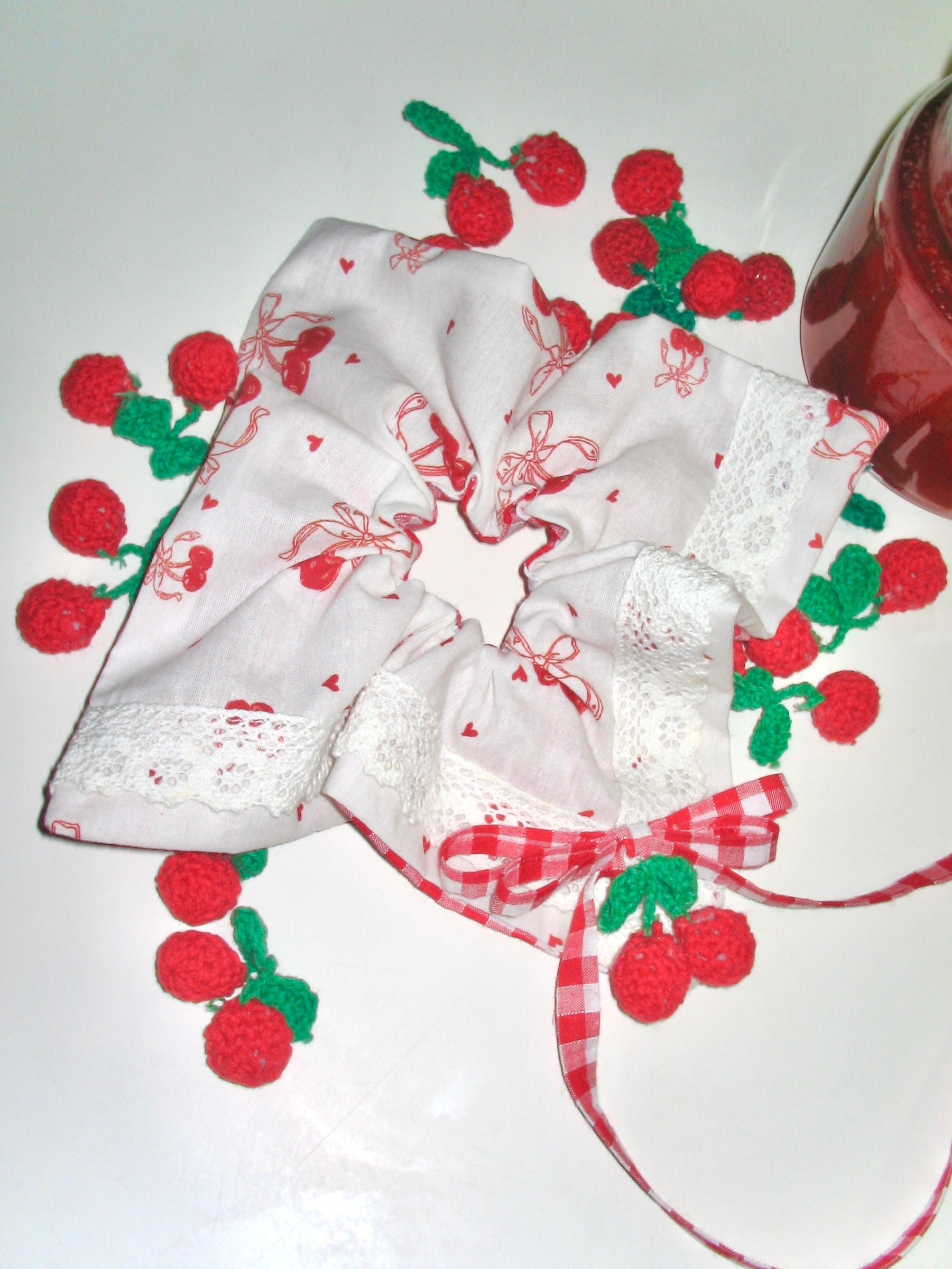 Cherry Lace Ribbon Square Scrunchie