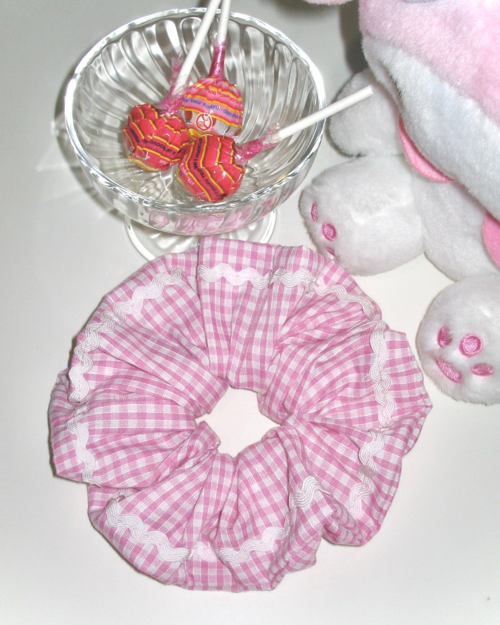 Pink Gingham Ric Rac Scrunchie