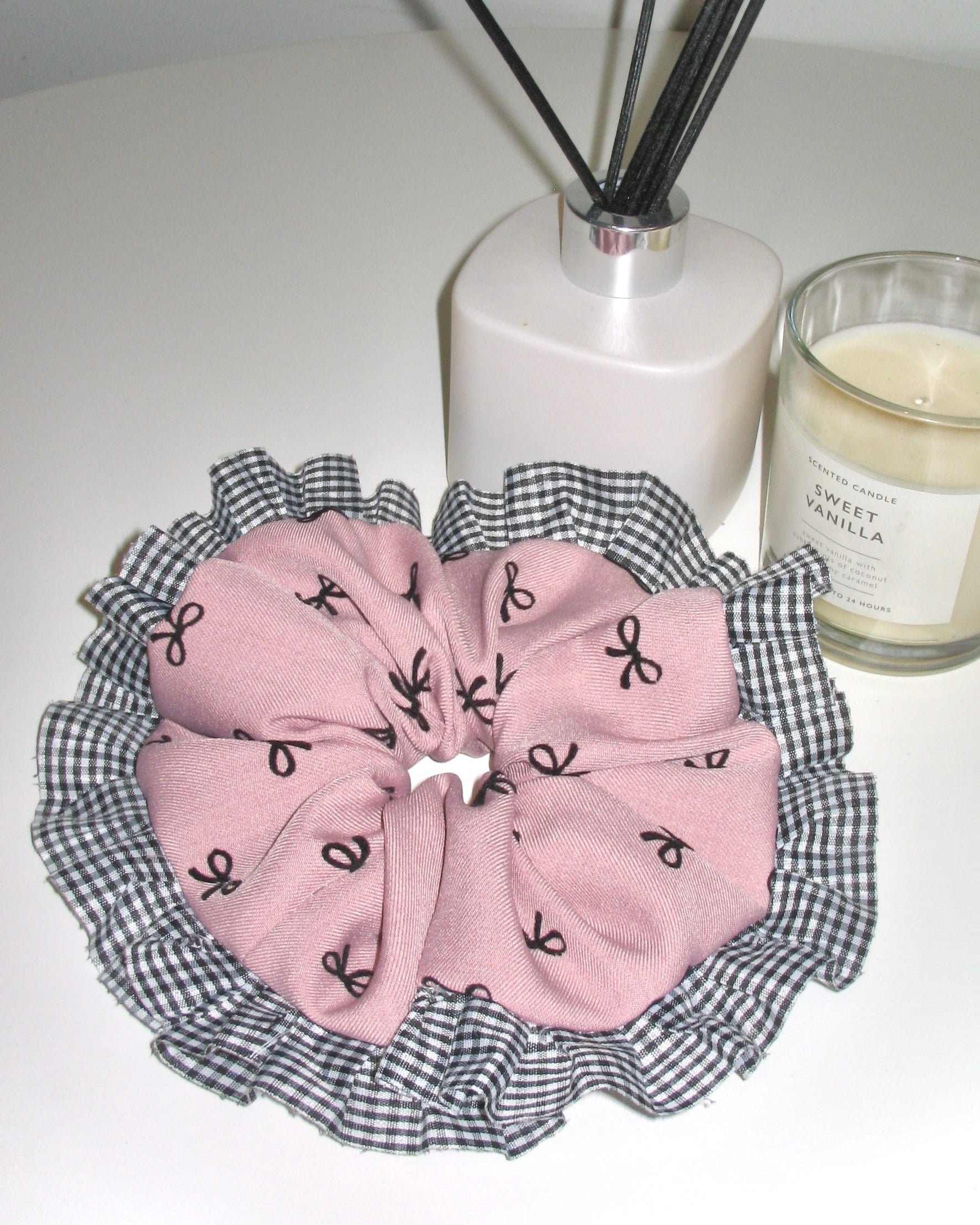 Pink Bow & Gingham Ruffle Scrunchie