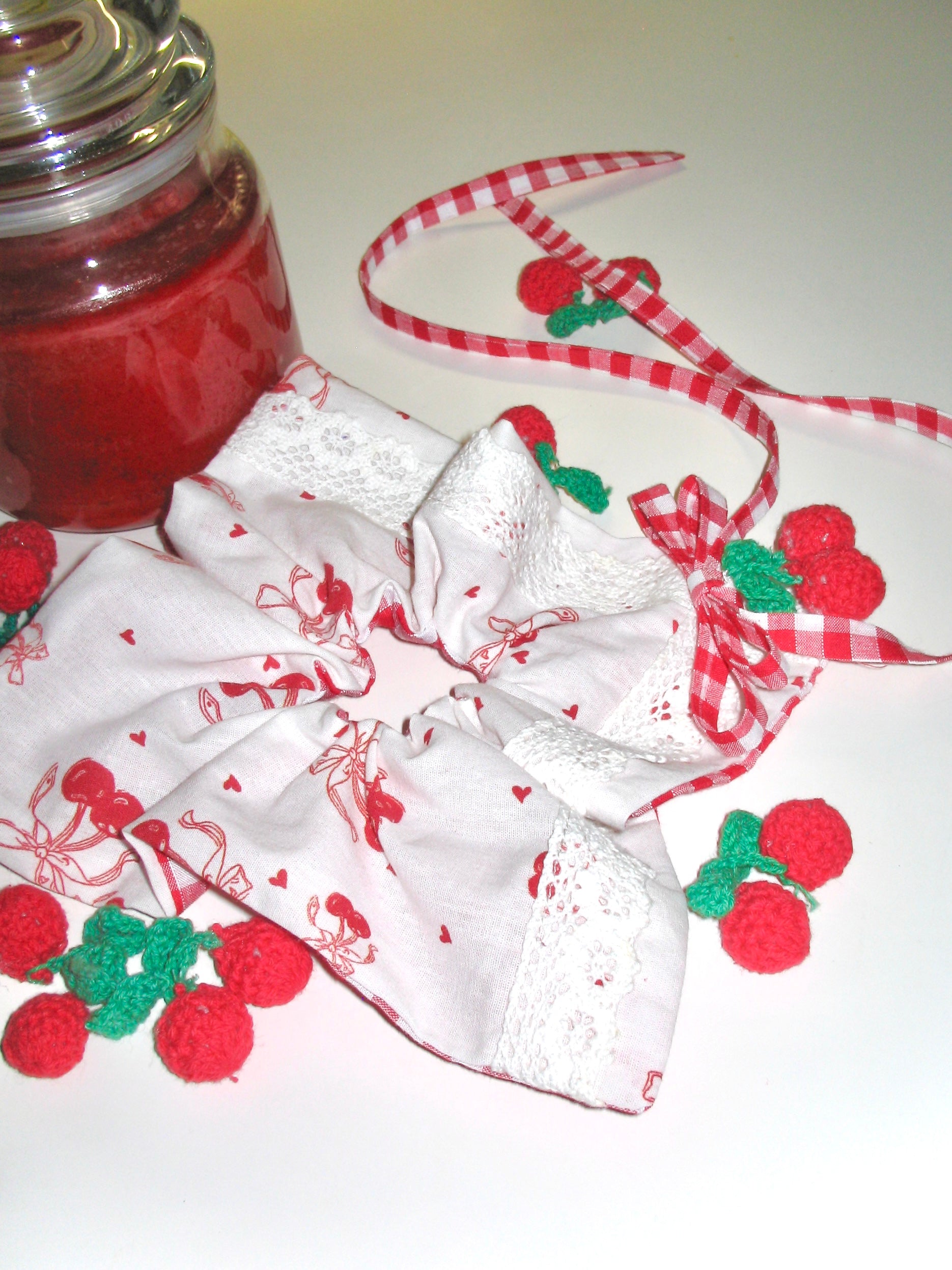 Cherry Lace Ribbon Square Scrunchie