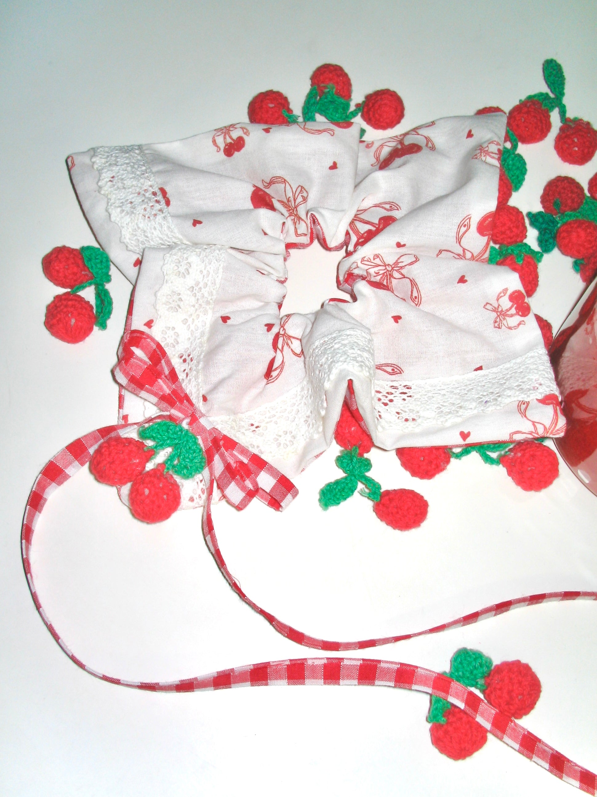 Cherry Lace Ribbon Square Scrunchie