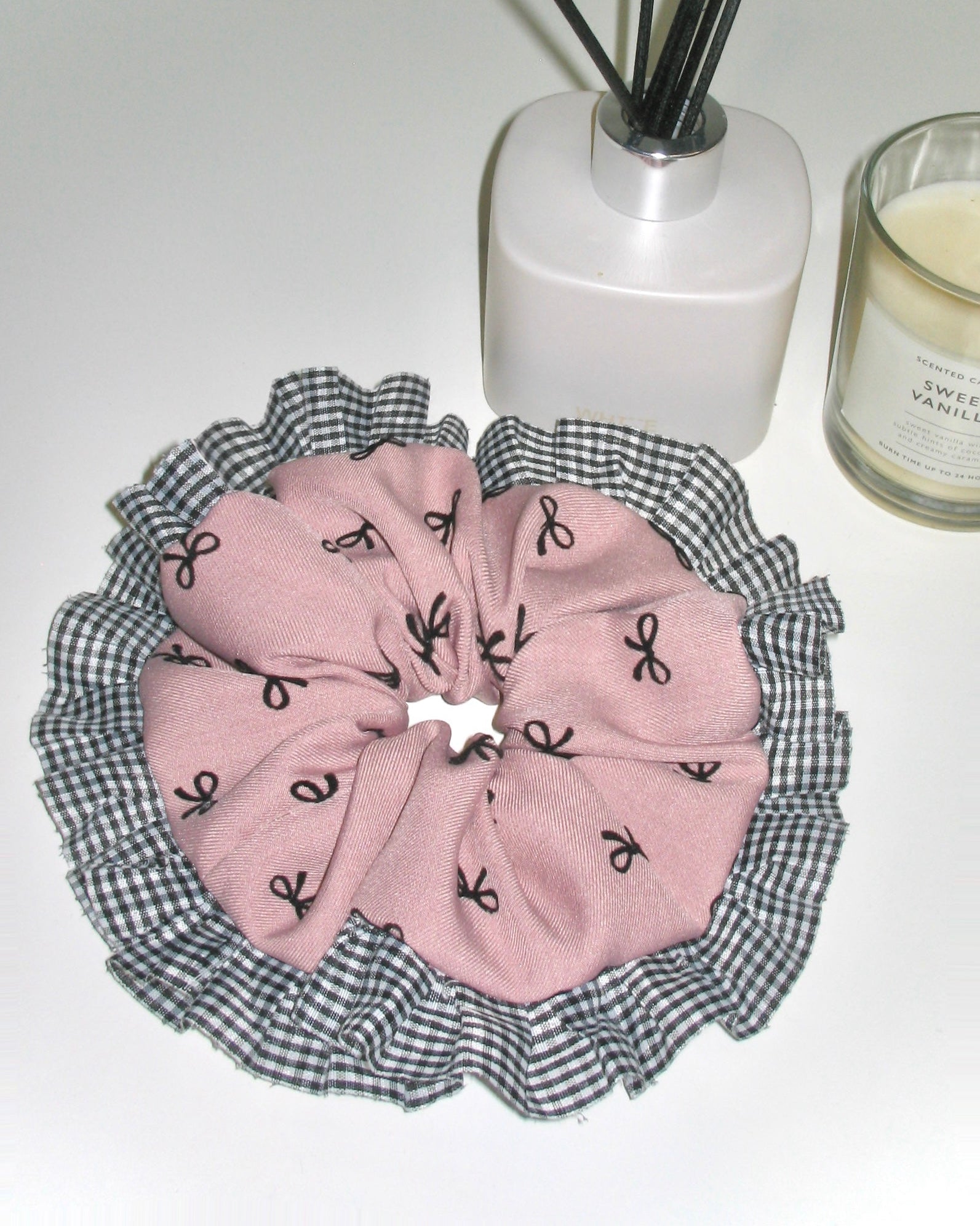 Pink Bow & Gingham Ruffle Scrunchie
