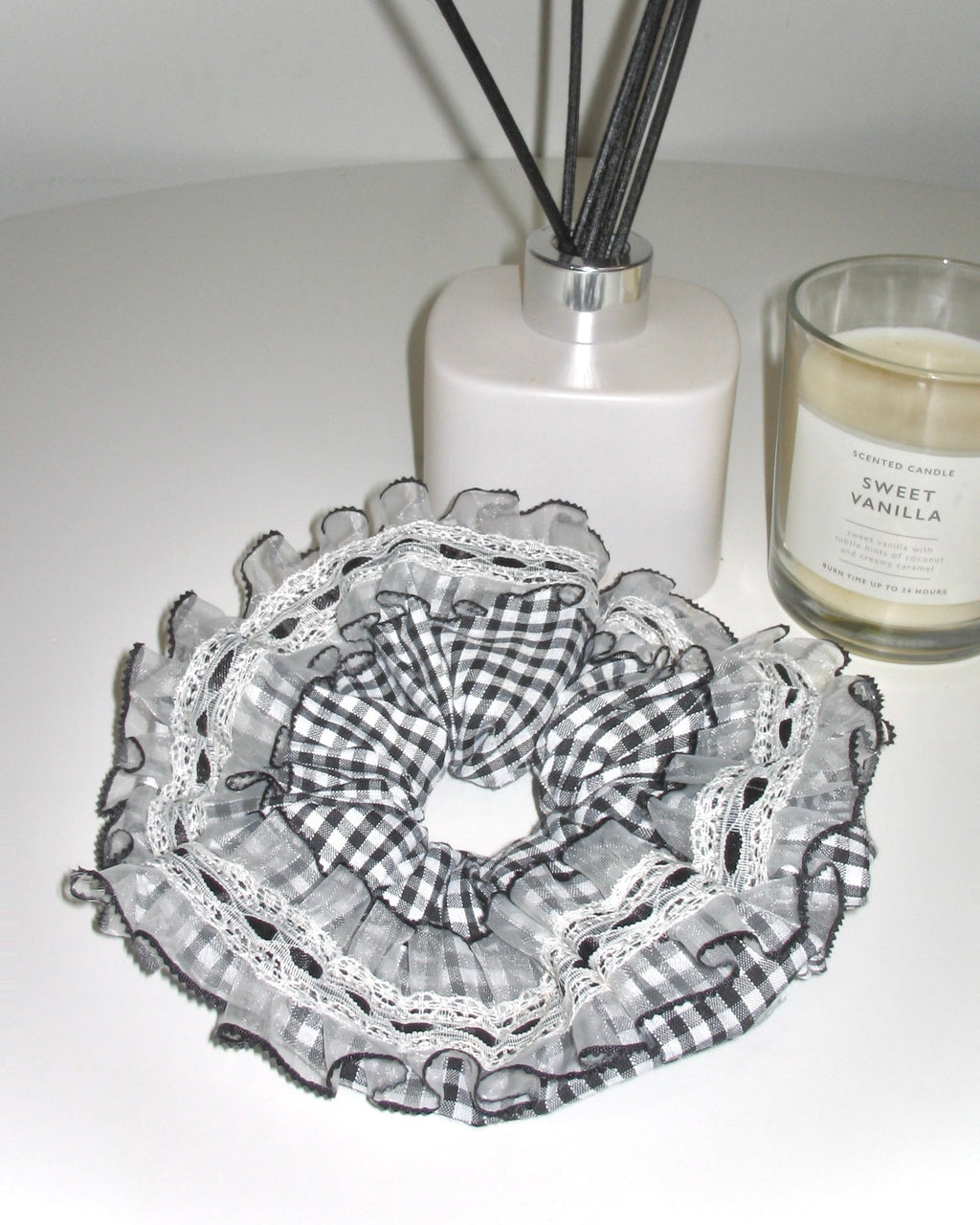 Black Gingham Lace Scrunchie