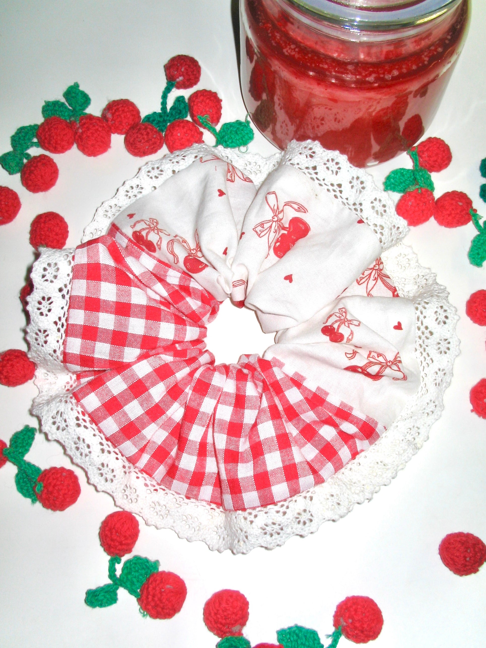 Cherry Lace Gingham Scrunchie