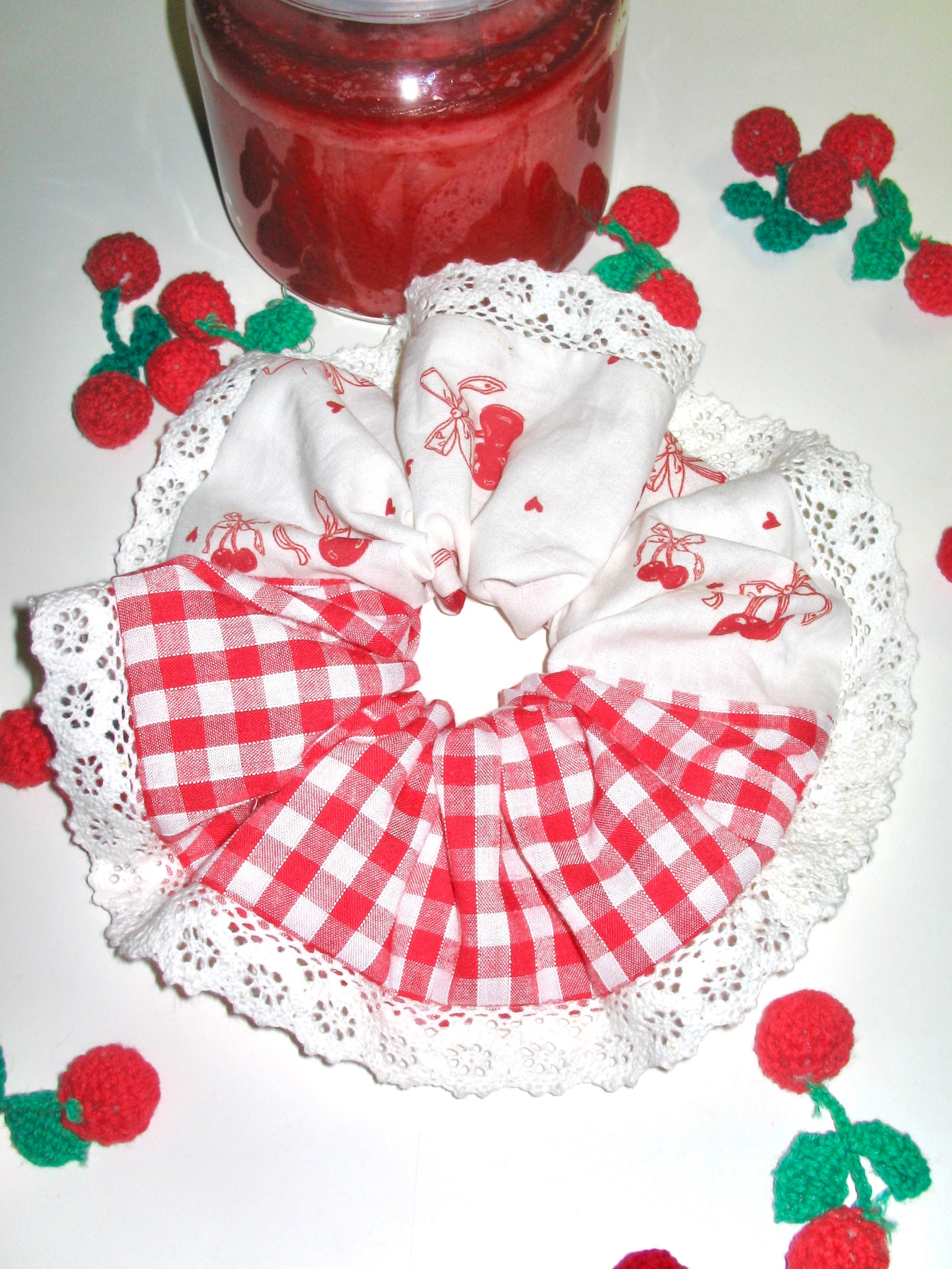 Cherry Lace Gingham Scrunchie
