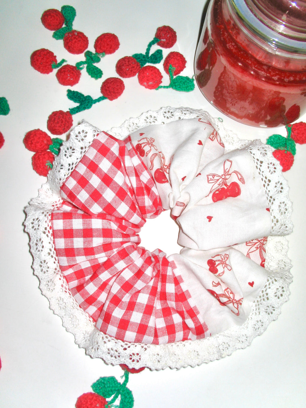 Cherry Lace Gingham Scrunchie