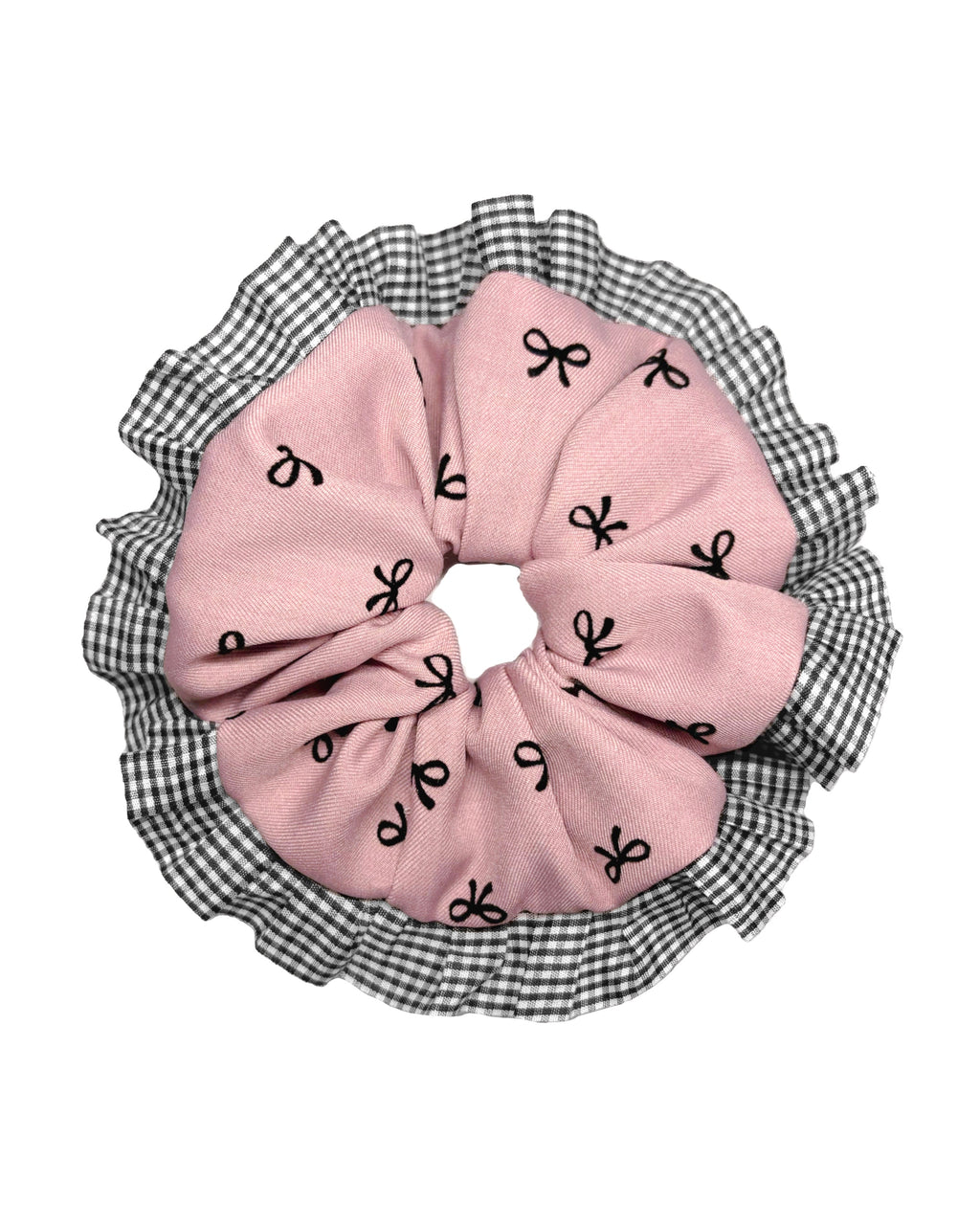 Pink Bow & Gingham Ruffle Scrunchie