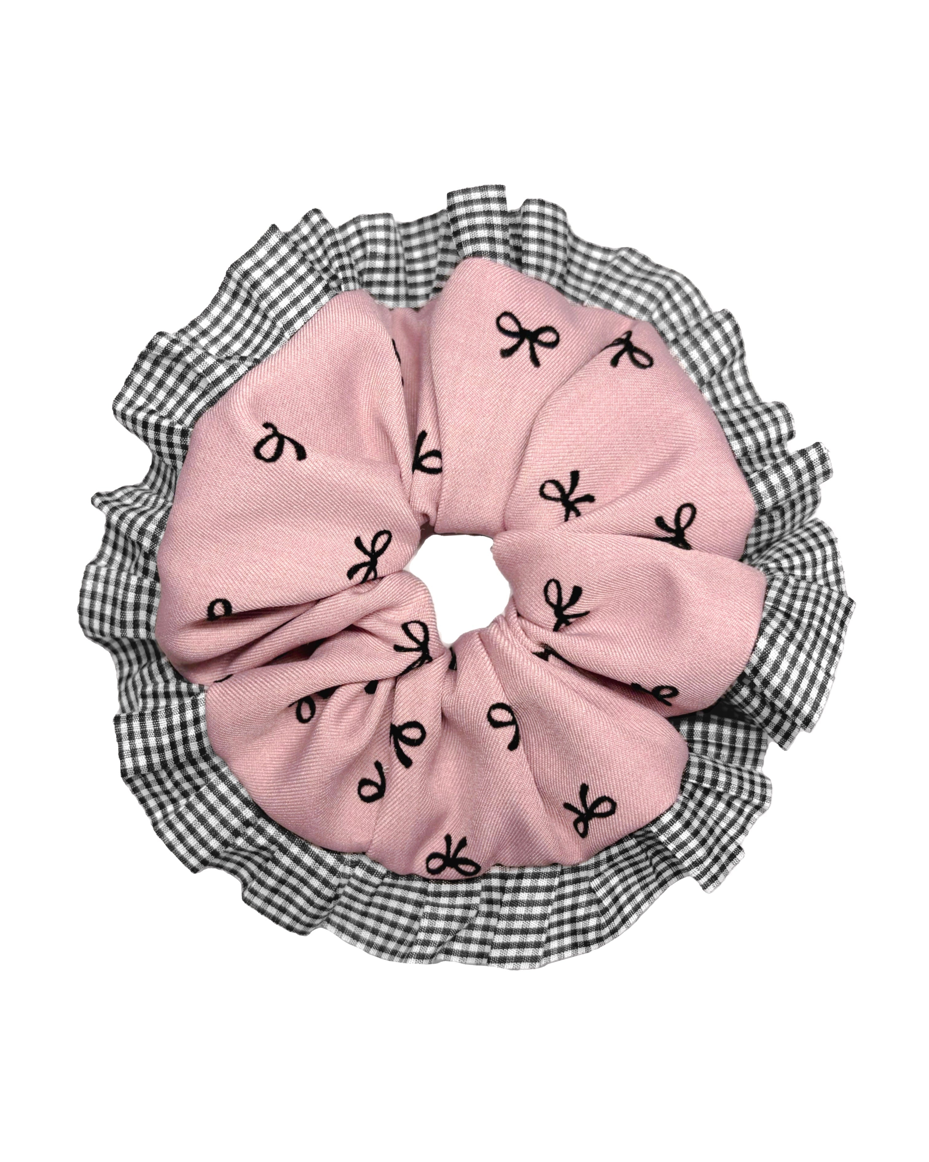 Pink Bow & Gingham Ruffle Scrunchie