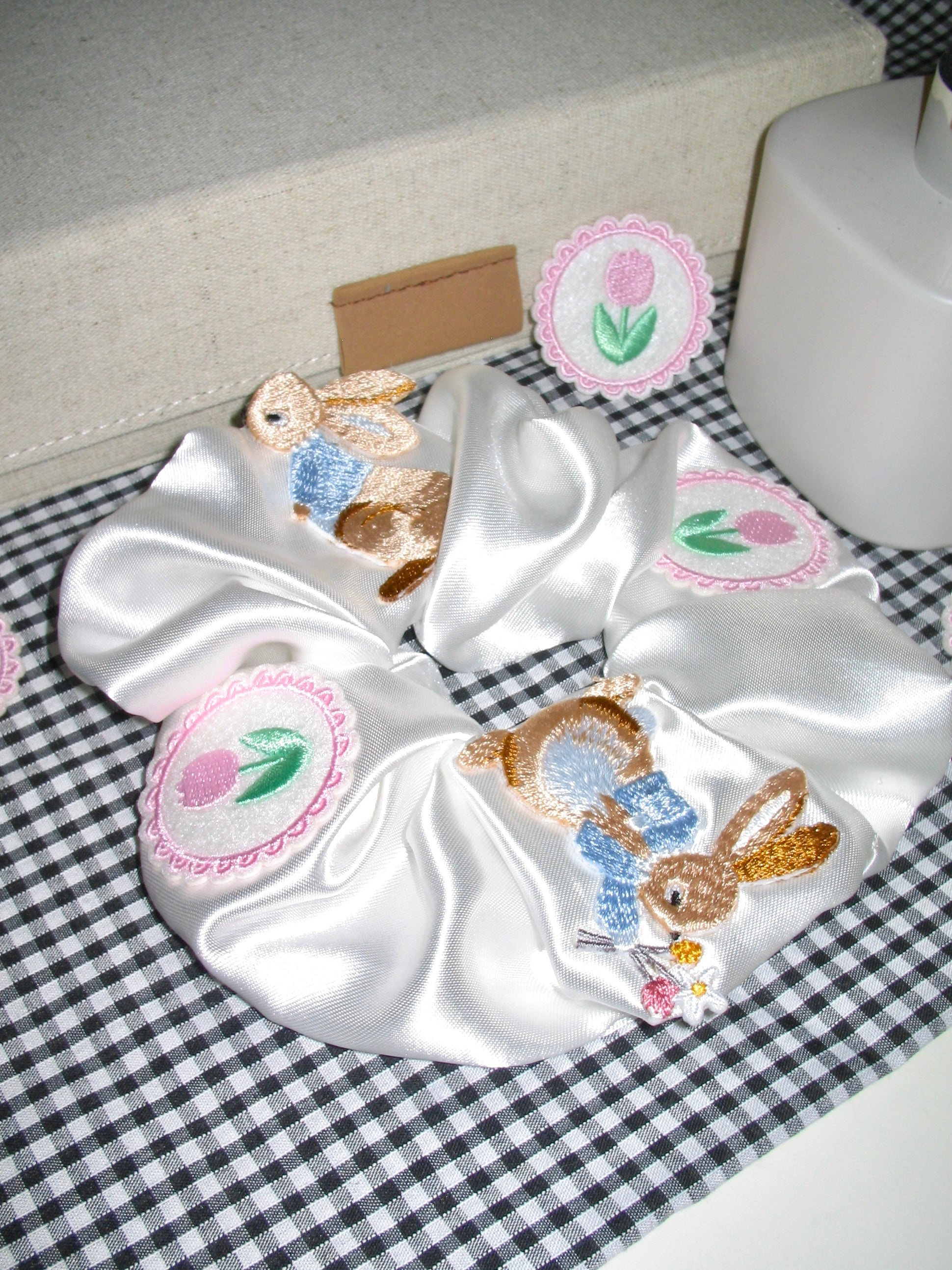 Embroidered Bunny Satin Scrunchie