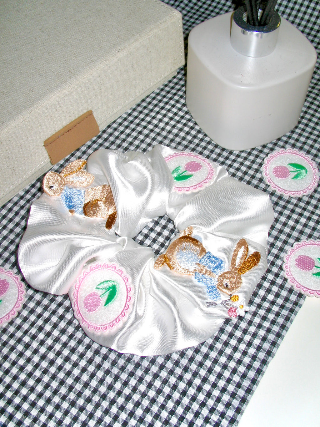 Embroidered Bunny Satin Scrunchie