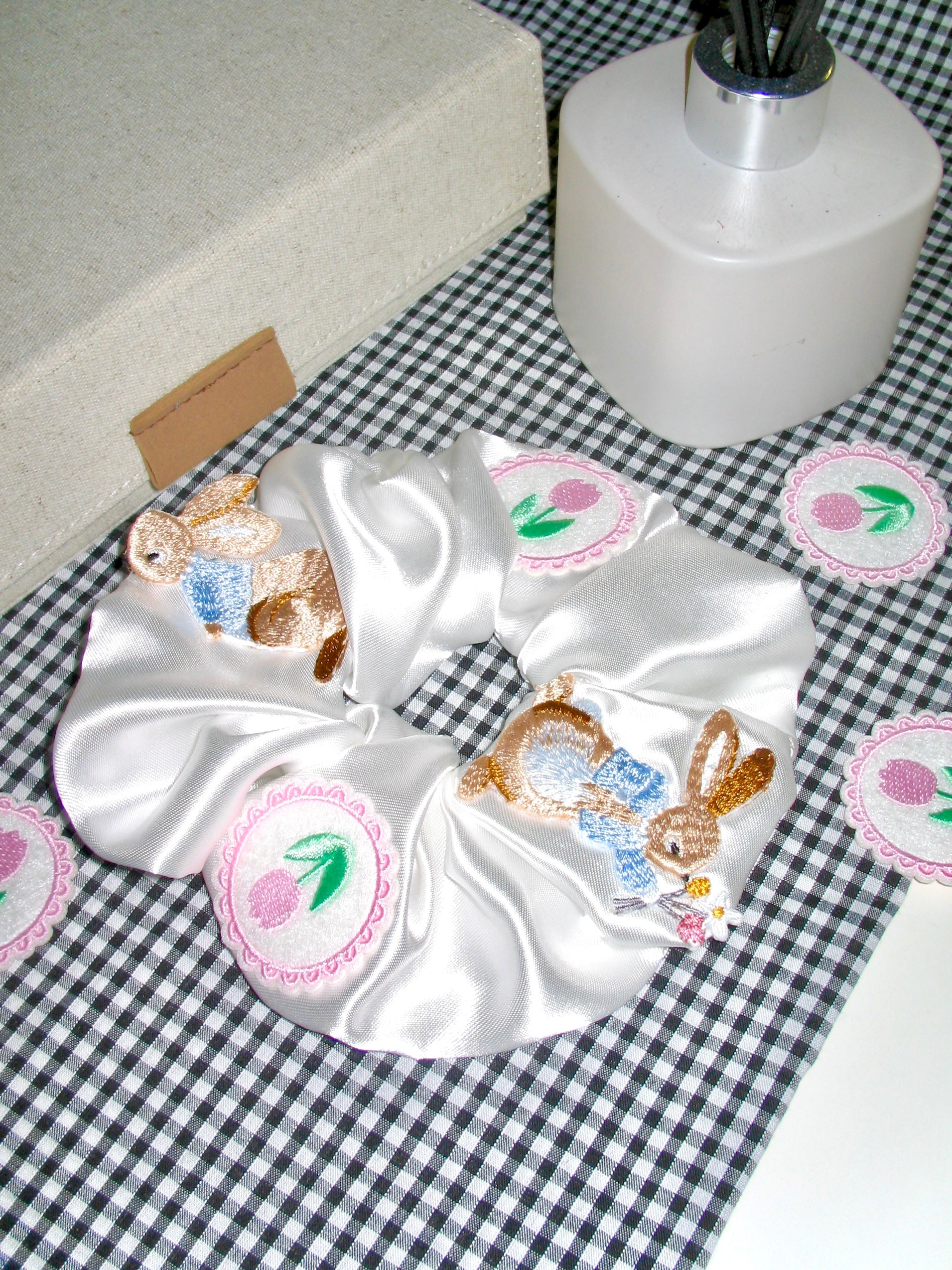 Embroidered Bunny Satin Scrunchie