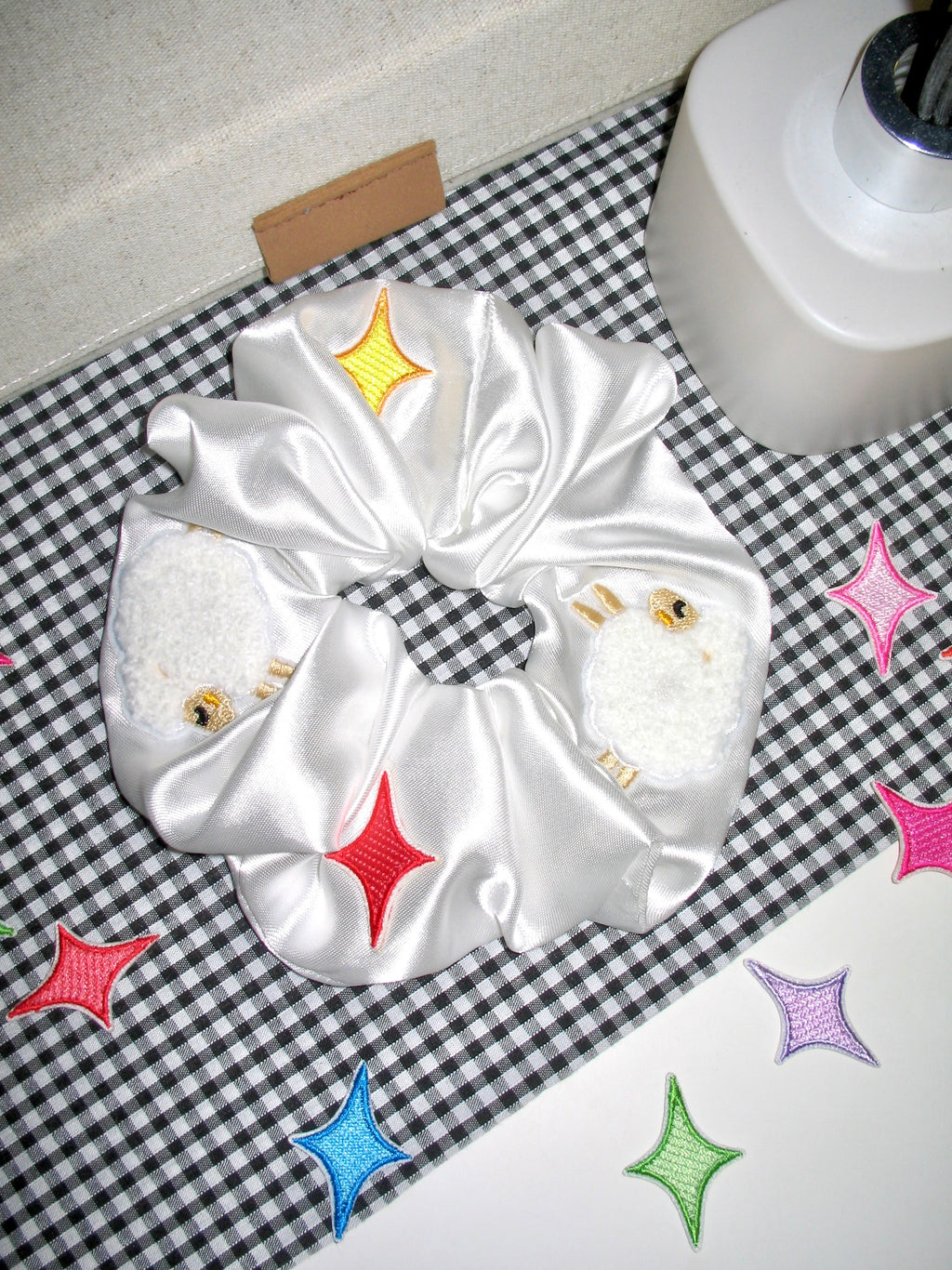 Embroidered Sleepy Sheep Satin Scrunchie